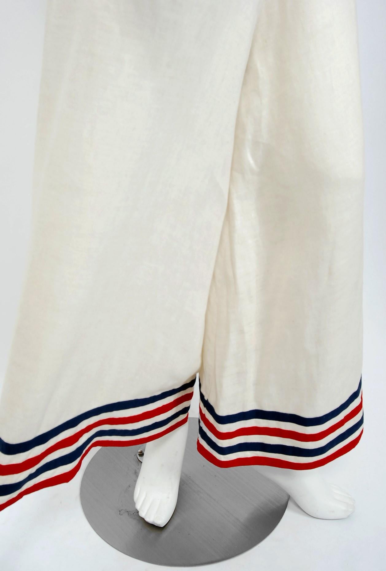 1930's Nautical Sailor Stripe Ivory Linen Art Deco Wide-Lapel Culotte Jumpsuit In Good Condition In Beverly Hills, CA