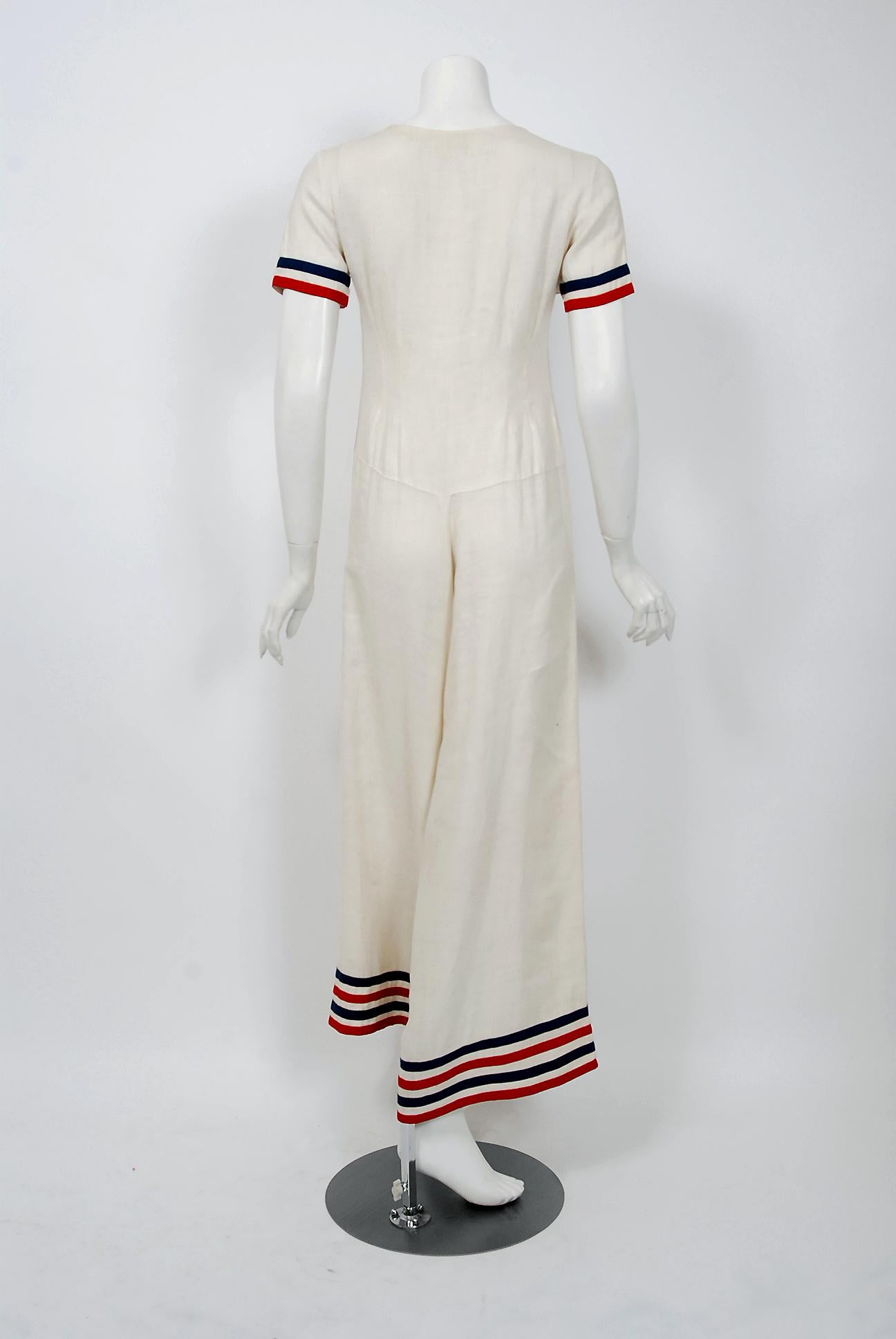 Women's 1930's Nautical Sailor Stripe Ivory Linen Art Deco Wide-Lapel Culotte Jumpsuit