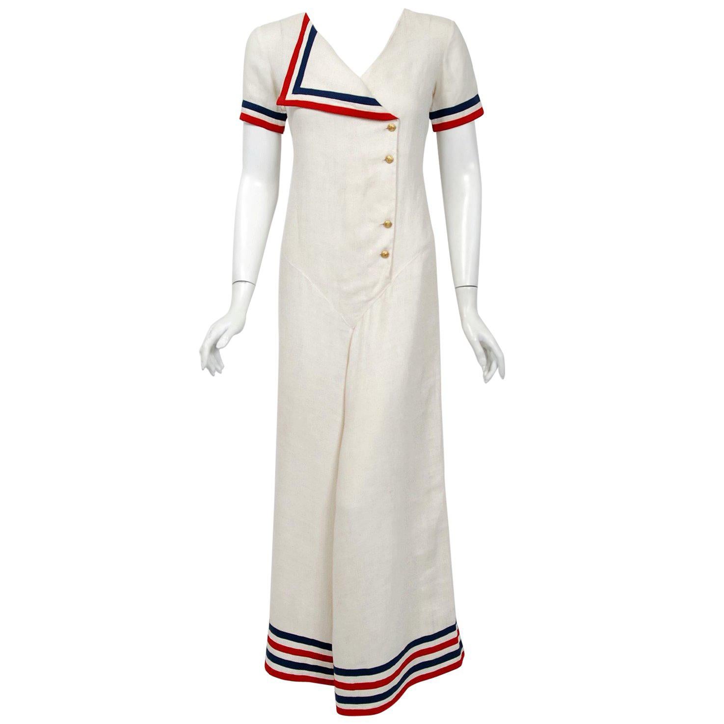 1930's Nautical Sailor Stripe Ivory Linen Art Deco Wide-Lapel Culotte Jumpsuit