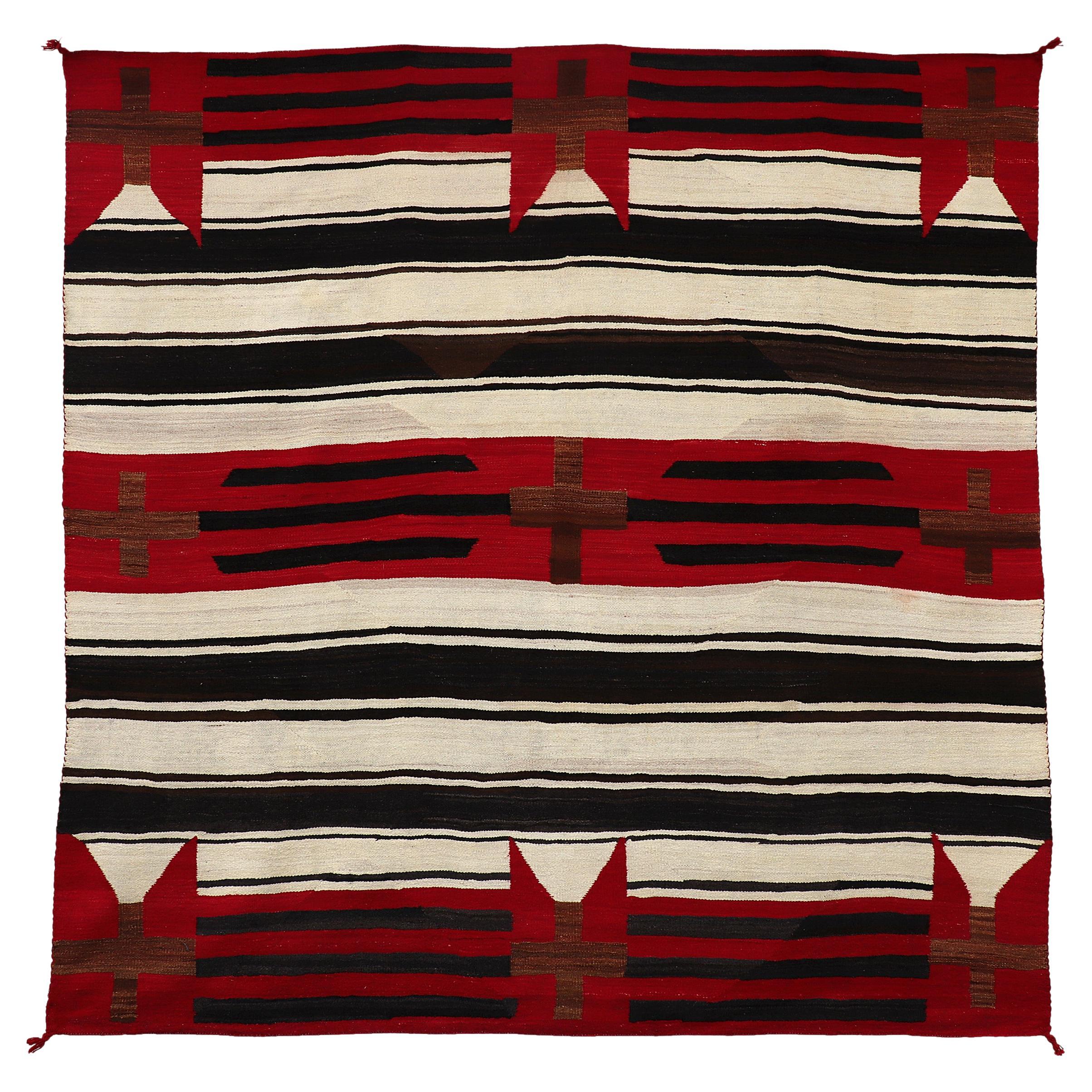 Vintage Navajo Chief's Blanket with Cross Design, 1930s, Red White Black Brown