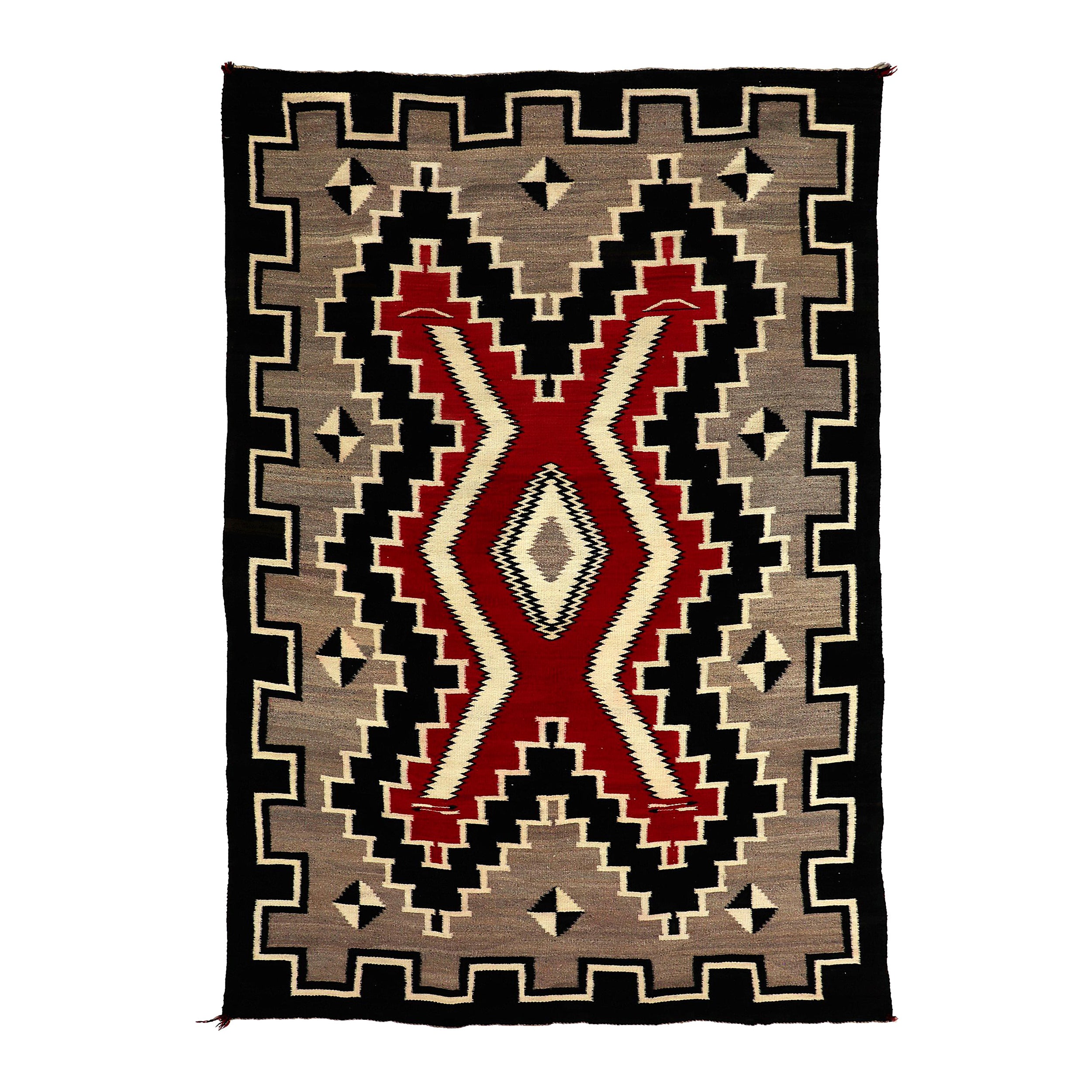 Navajo-Teppich von Ganado Trading Post aus den 1930er Jahren, Wolle in Braun, Schwarz, Rot und Elfenbein