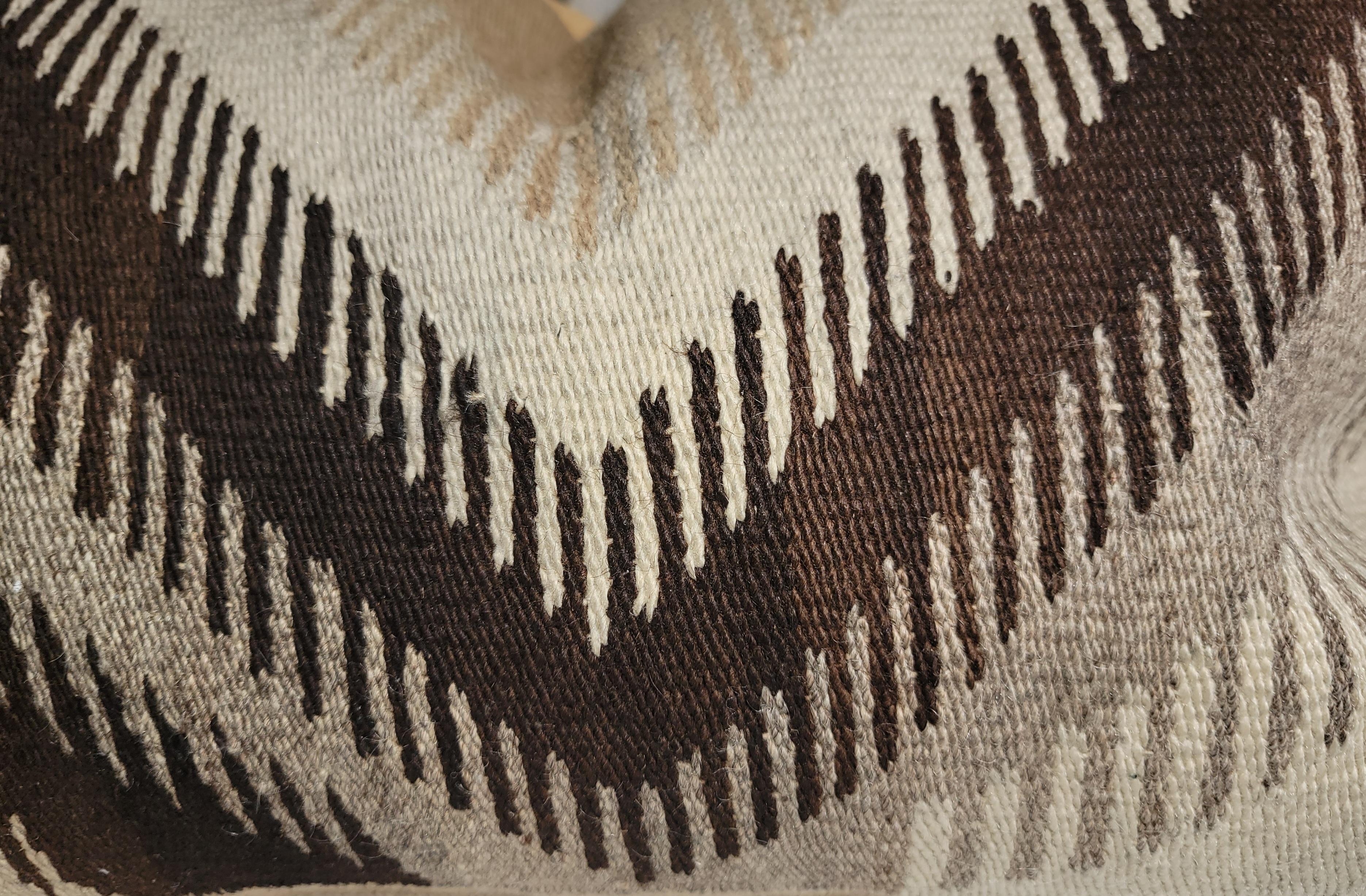 Native American natural earthy wool Stitched patterned pillow. Great neutral colors. Thick wool weave used to make the front of this pillow. The backing is a beige linen. Adds some color to the pillows setting. 