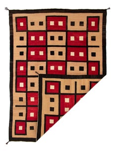 1930s Vintage Navajo Trading Post Rug in Ivory, Brown & Aniline-Dyed Red Wool