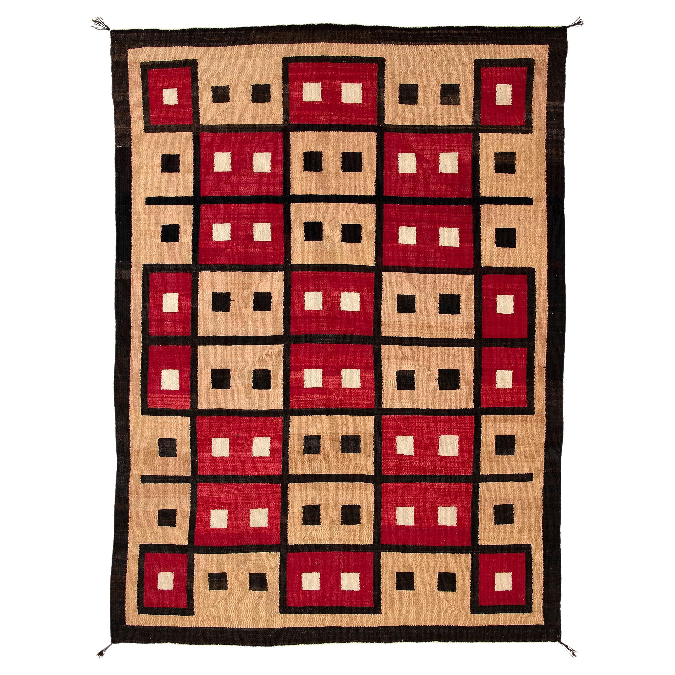 1930s Navajo Wool Weaving with Aniline Dyes, Ivory, Brown & Red, Trading Post