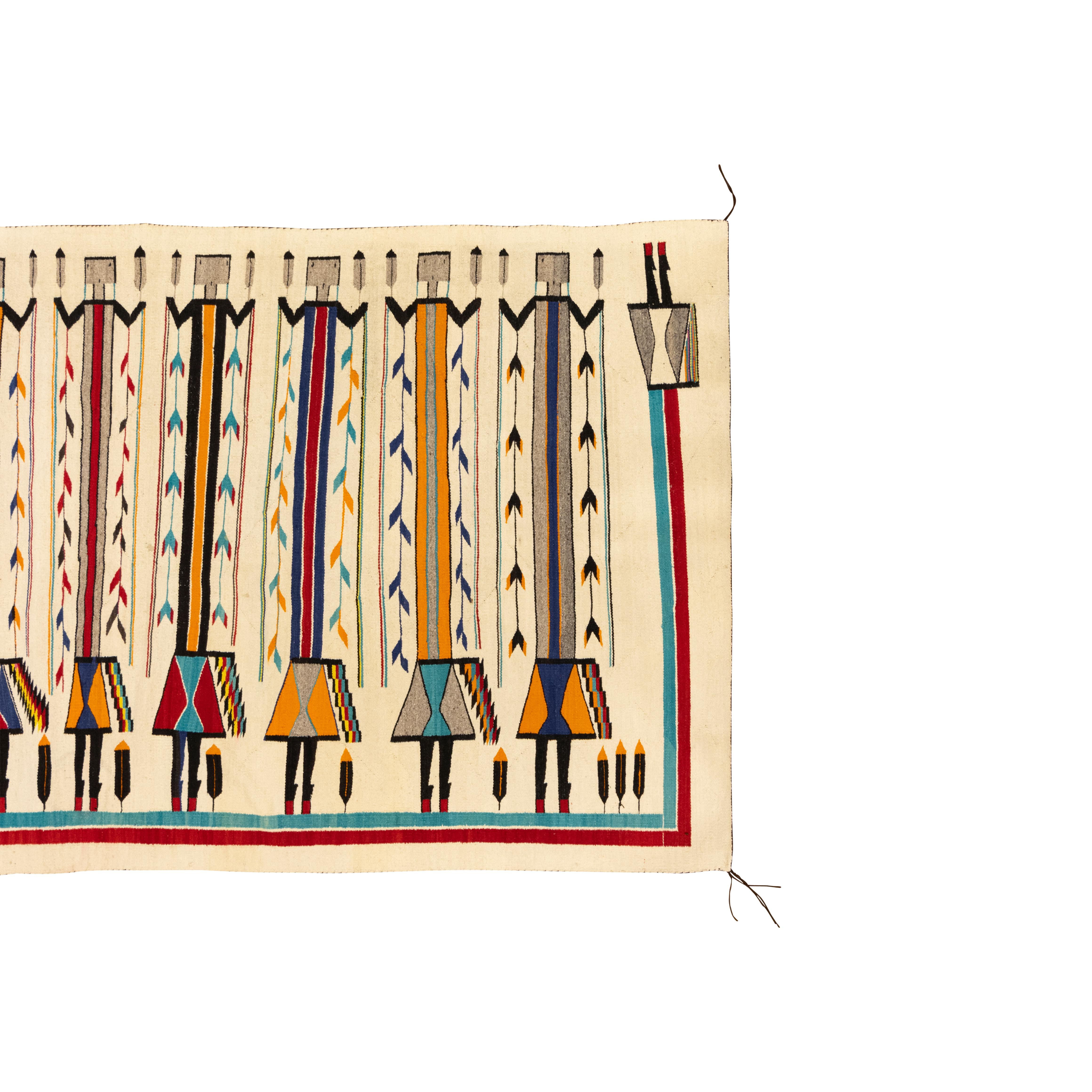 Seven figure pictorial Yei weaving. Bright colors, hand dyed yarns over natural cream background. Very little if any wear. Beautiful weaving! Great for floor or wall.

Origin: Navajo, Southwest
Period: circa 1930
Dimensions: 7' x 4'8