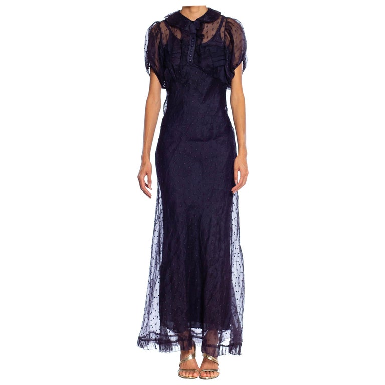 1930s Navy Blue Bias Cut Cotton Swiss Dot Organdy Puff Sleeve Dress With Rayon