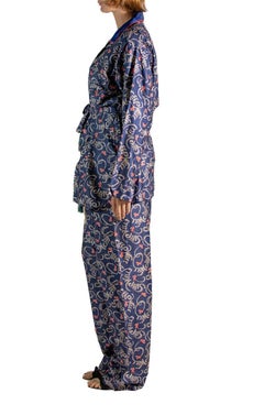 1930S Navy Blue Silk & Cotton "Sleep Well" Airplane Cloud Writer Print Men's Pa