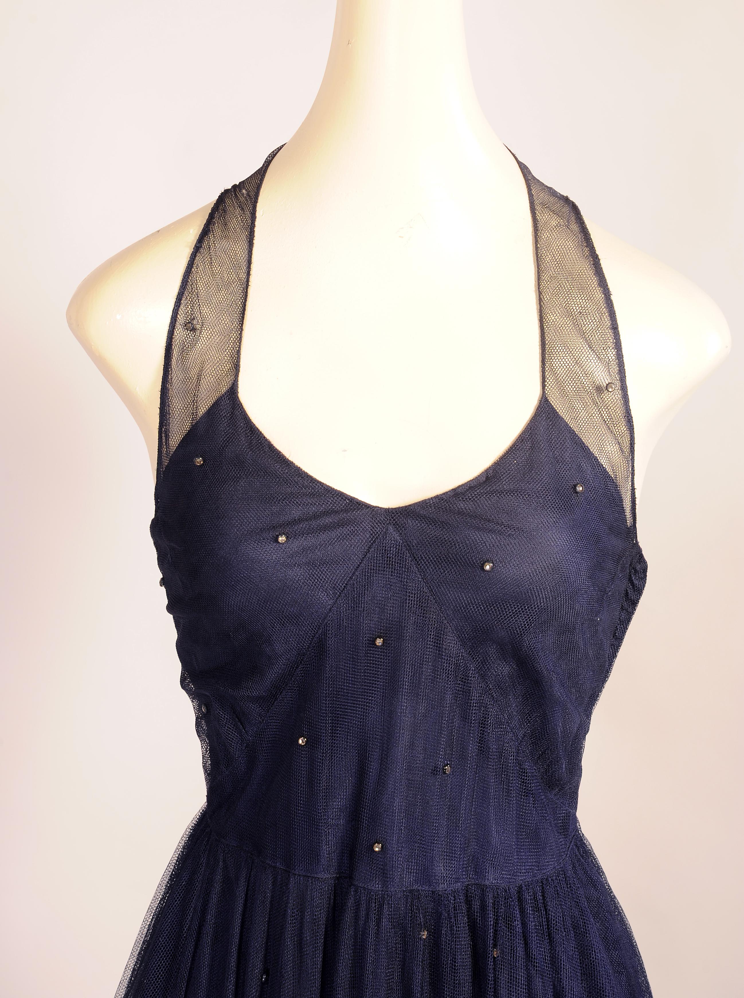Black 1930's Navy Blue Tulle Evening Gown with Diamante Decoration