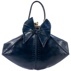 1930s Navy Leather Daytime Handbag with Large Bow