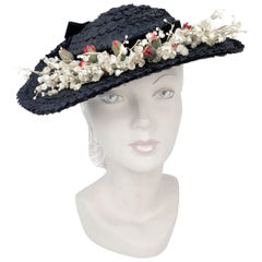 Vintage 1930's Navy Straw Day Hat with Foliage Detail