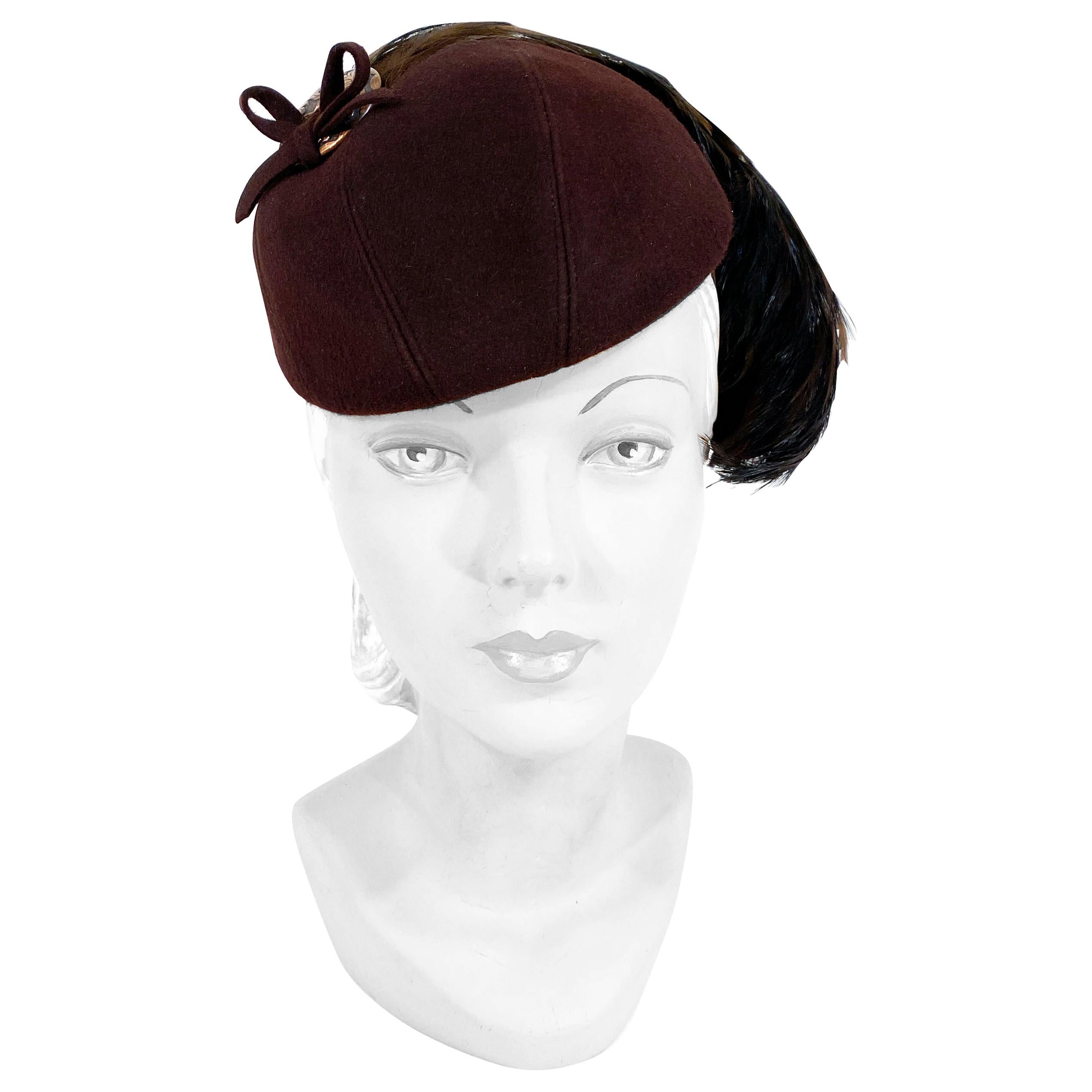 1930s Neiman Marcus Brown Felt Hat with Feather Accent