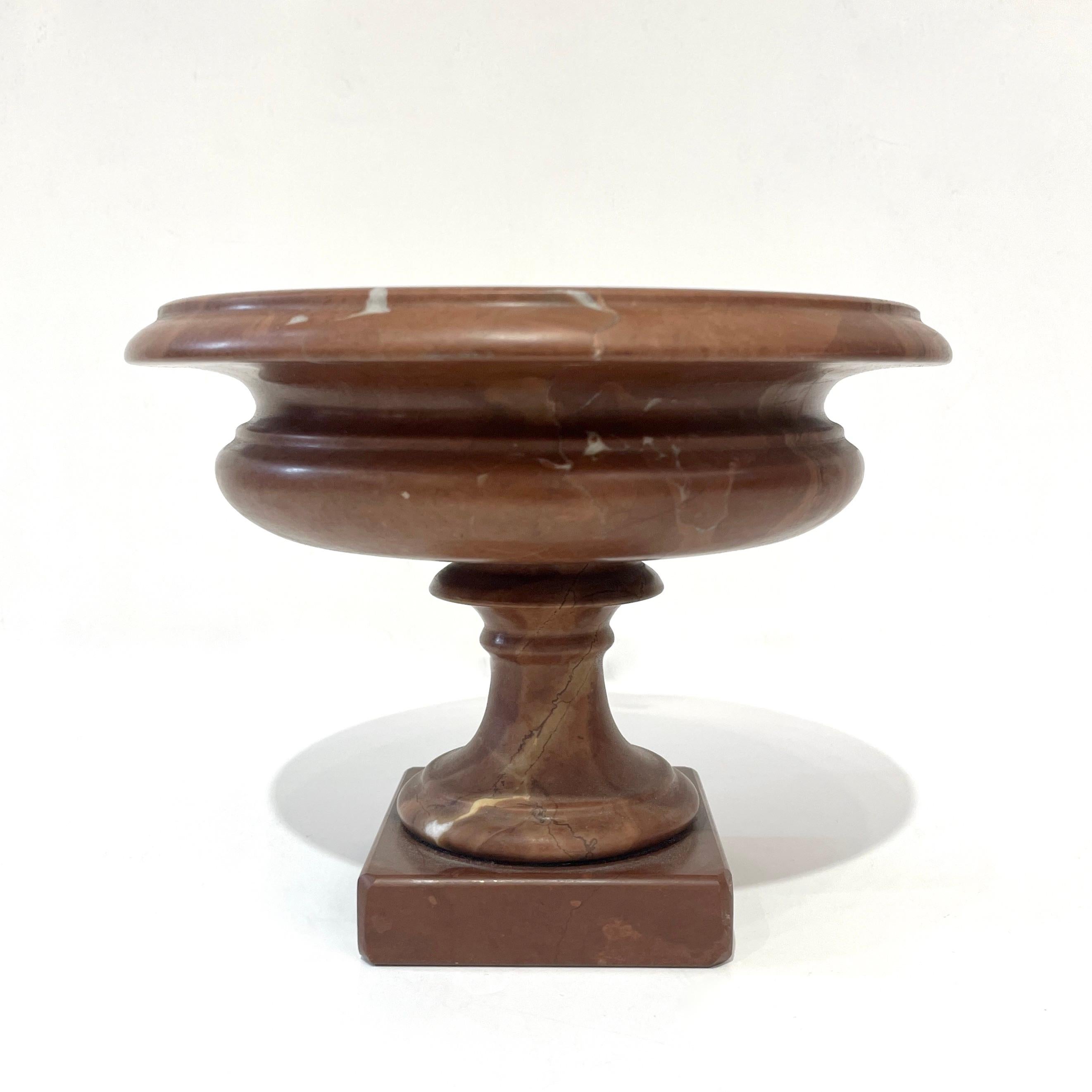 Hand-Carved 1930s Neoclassical Italian Carved Brown Red Marble Tazza Bowl with White Veins