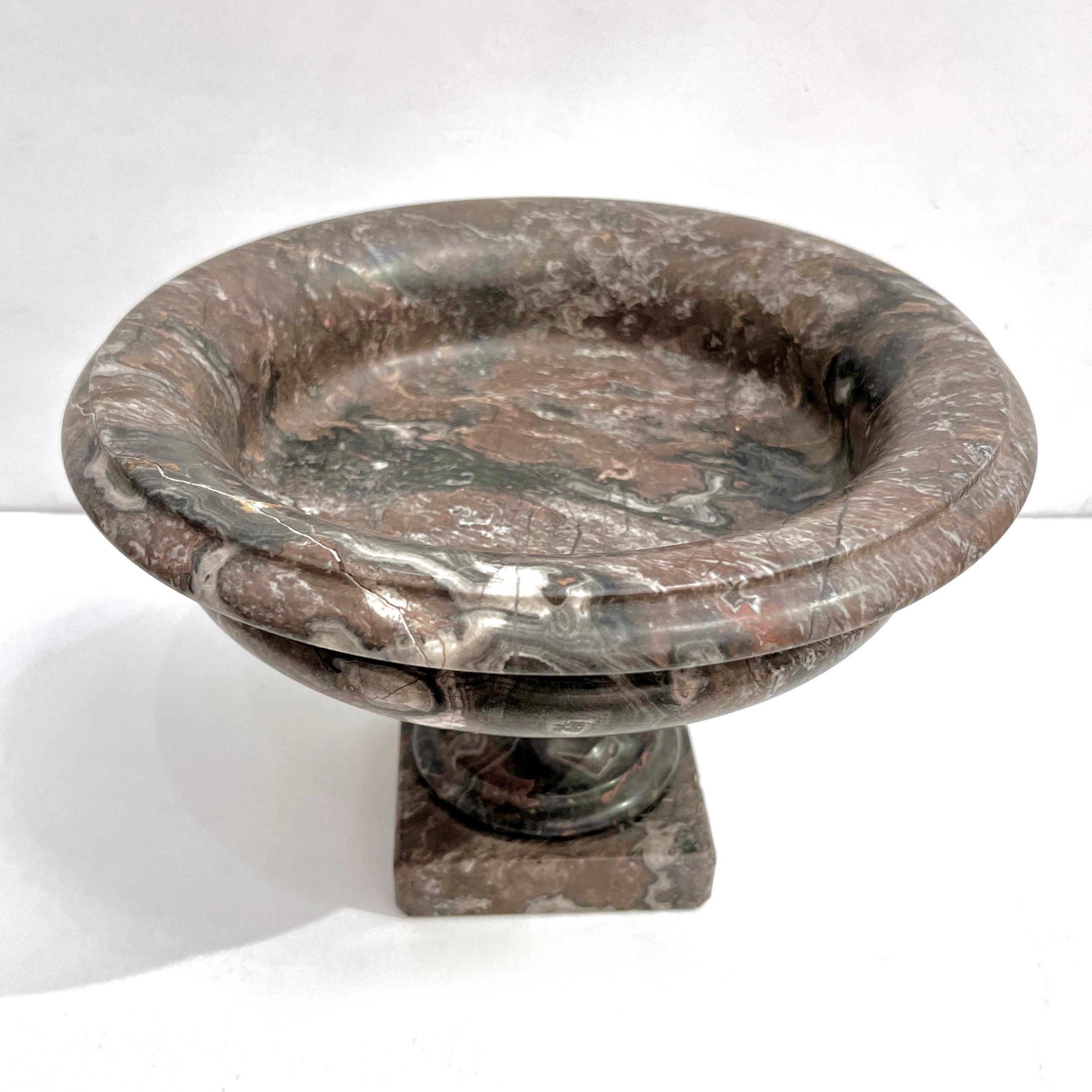 Exquisite Italian rosso levanto red marble tazza raised on foot with square base, beautiful centerpiece for the table, in a wonderful terracotta red deep brown marble streaked with variegated shades of white, rose, black, yellow and earthen tone