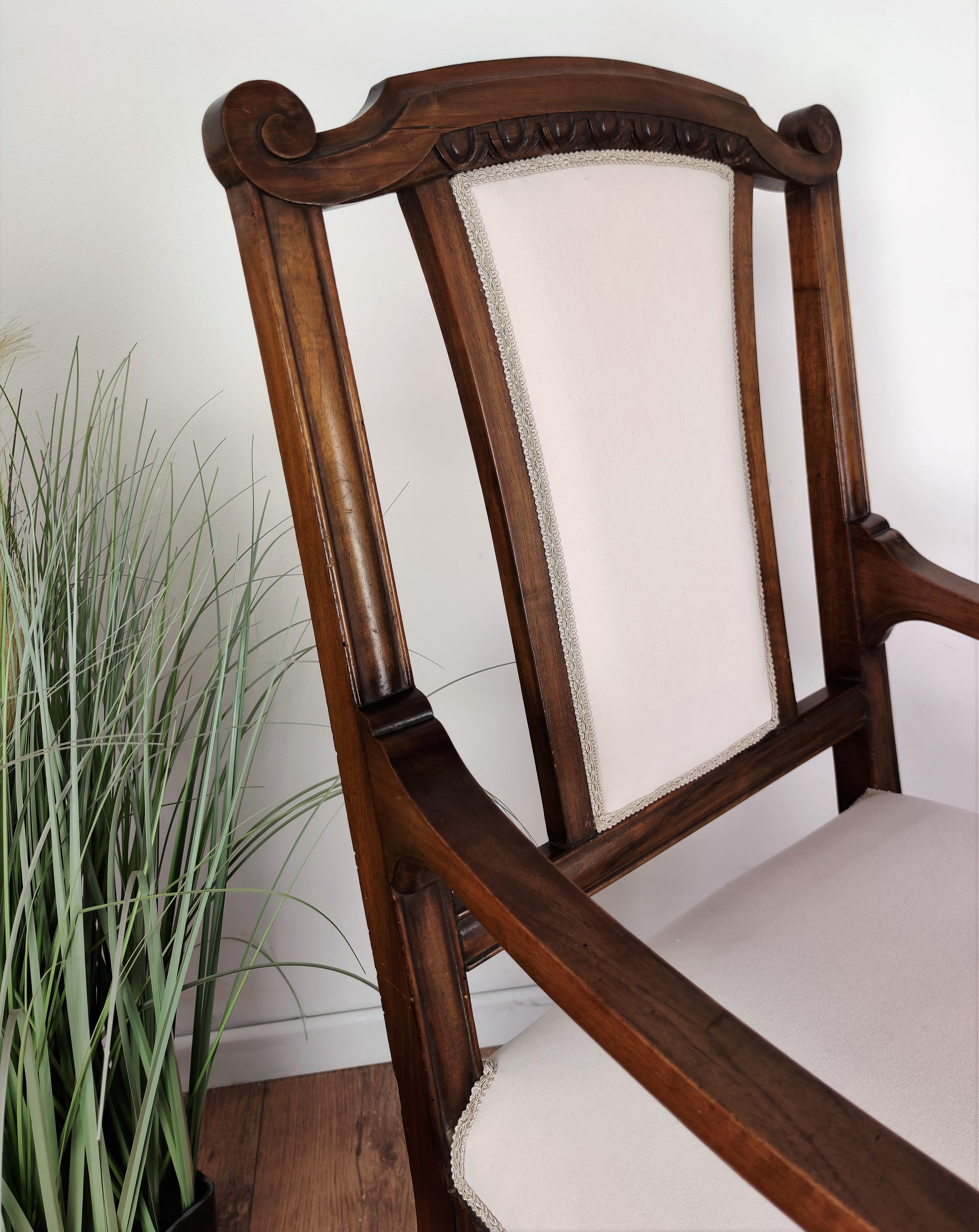 20th Century 1930s Neoclassical Italian Carved Walnut Wood Armchair Newly Upholstered For Sale