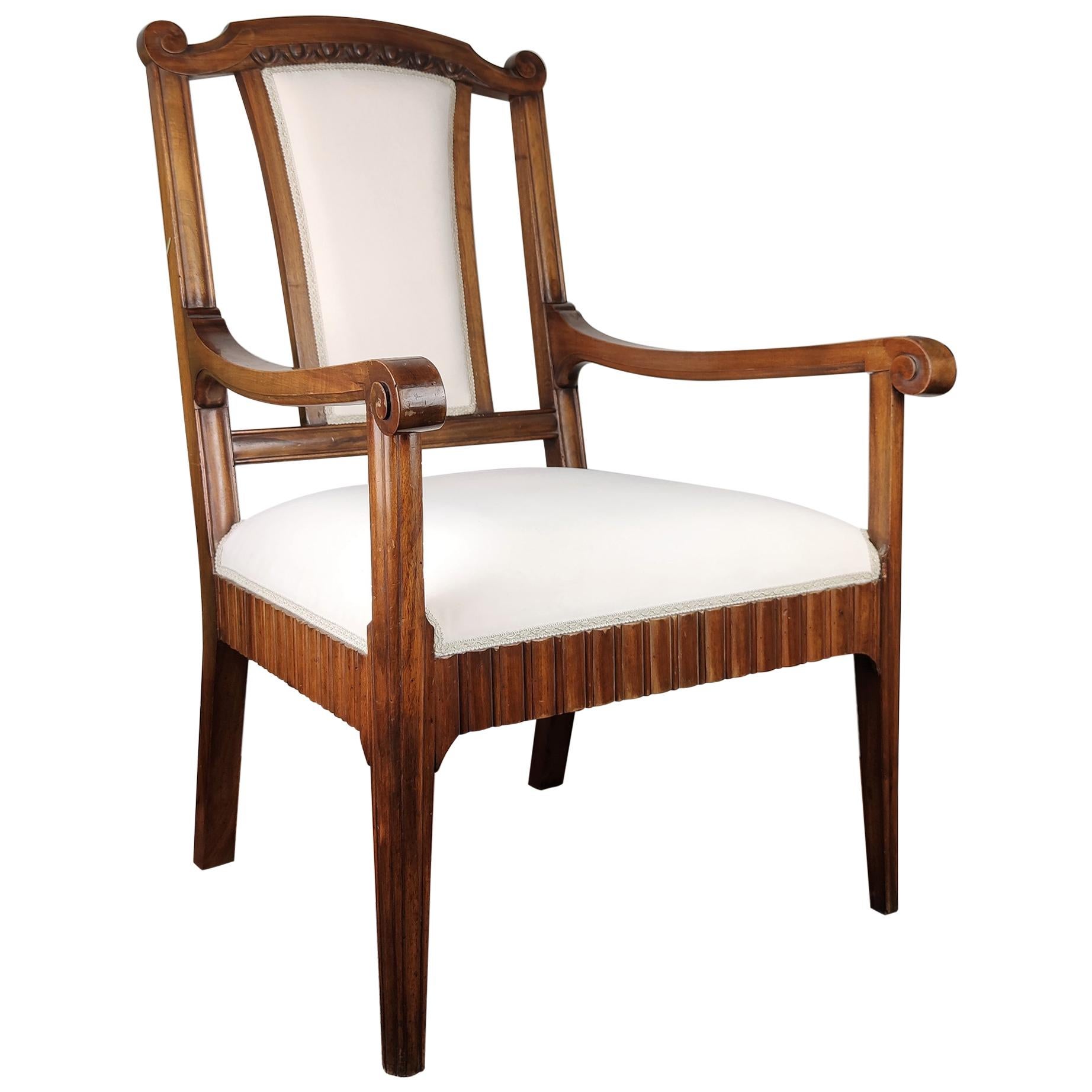 1930s Neoclassical Italian Carved Walnut Wood Armchair Newly Upholstered For Sale