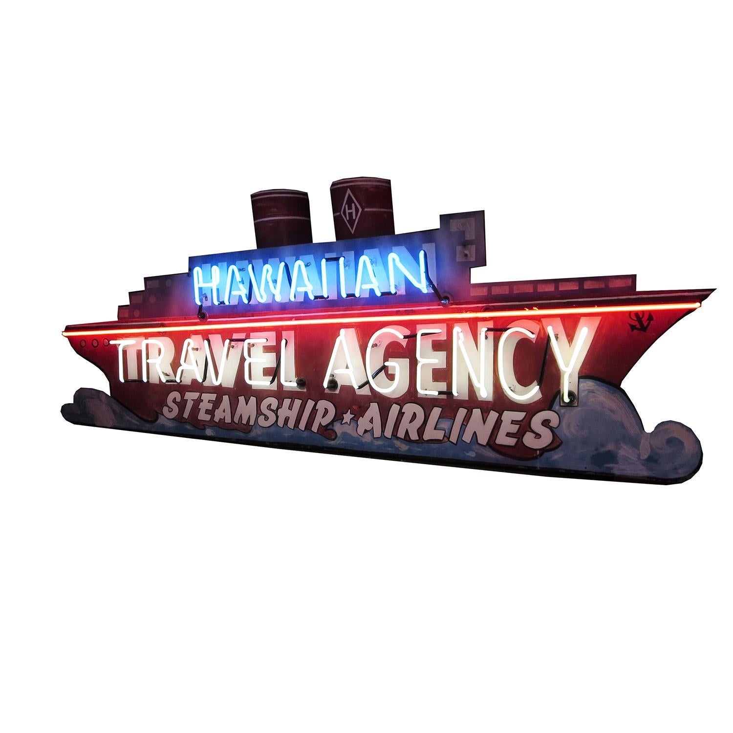 This fantastic sign was from a ticket office that specialized in travel from California to Hawaii. They sold tickets for ocean liner cruises, and airplane tickets. Their sign was a three dimensional ocean liner, hand painted and highlighted with