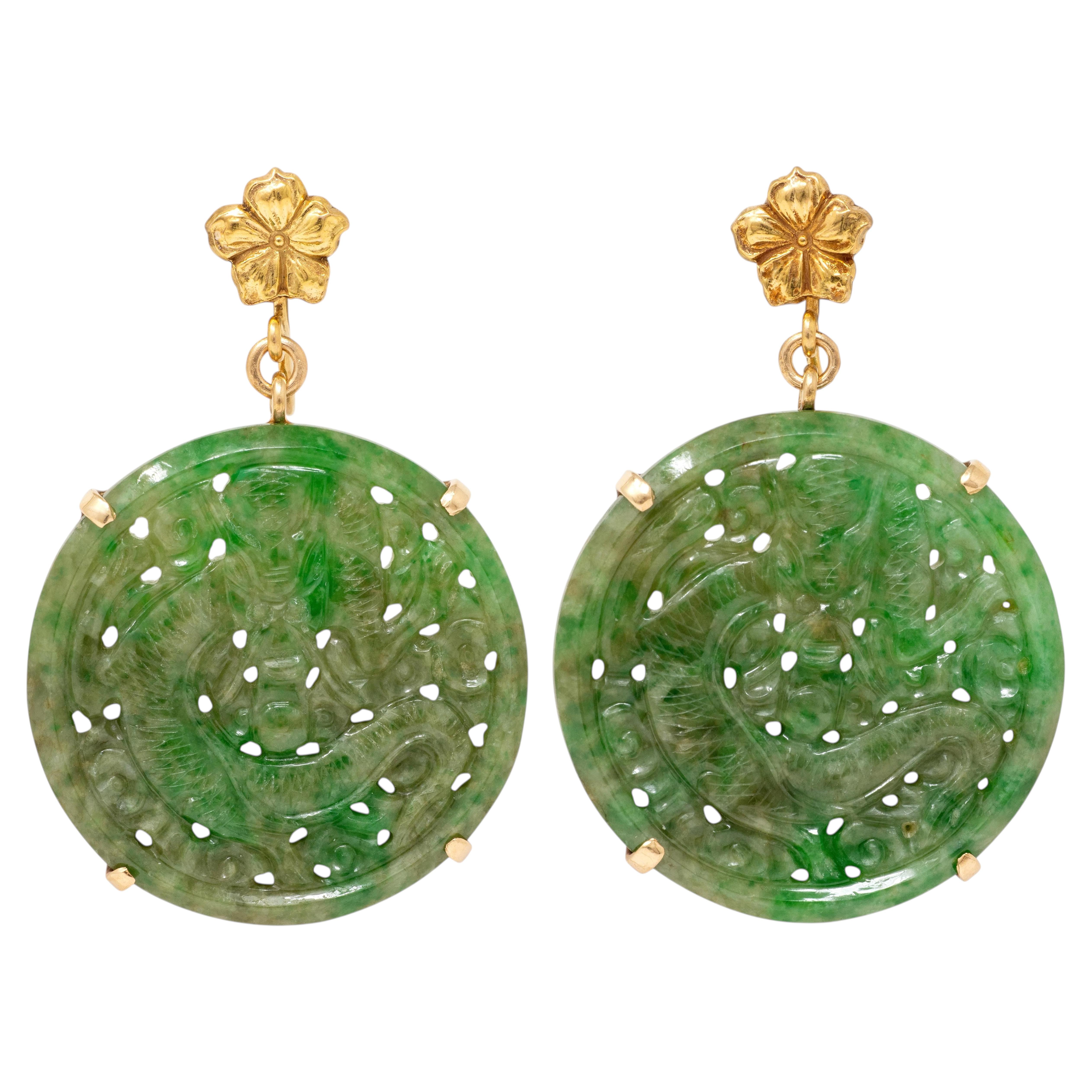 1930's Nephrit Jade 14K Gold Antik Floral Dragon Screw-Back Ohrringe