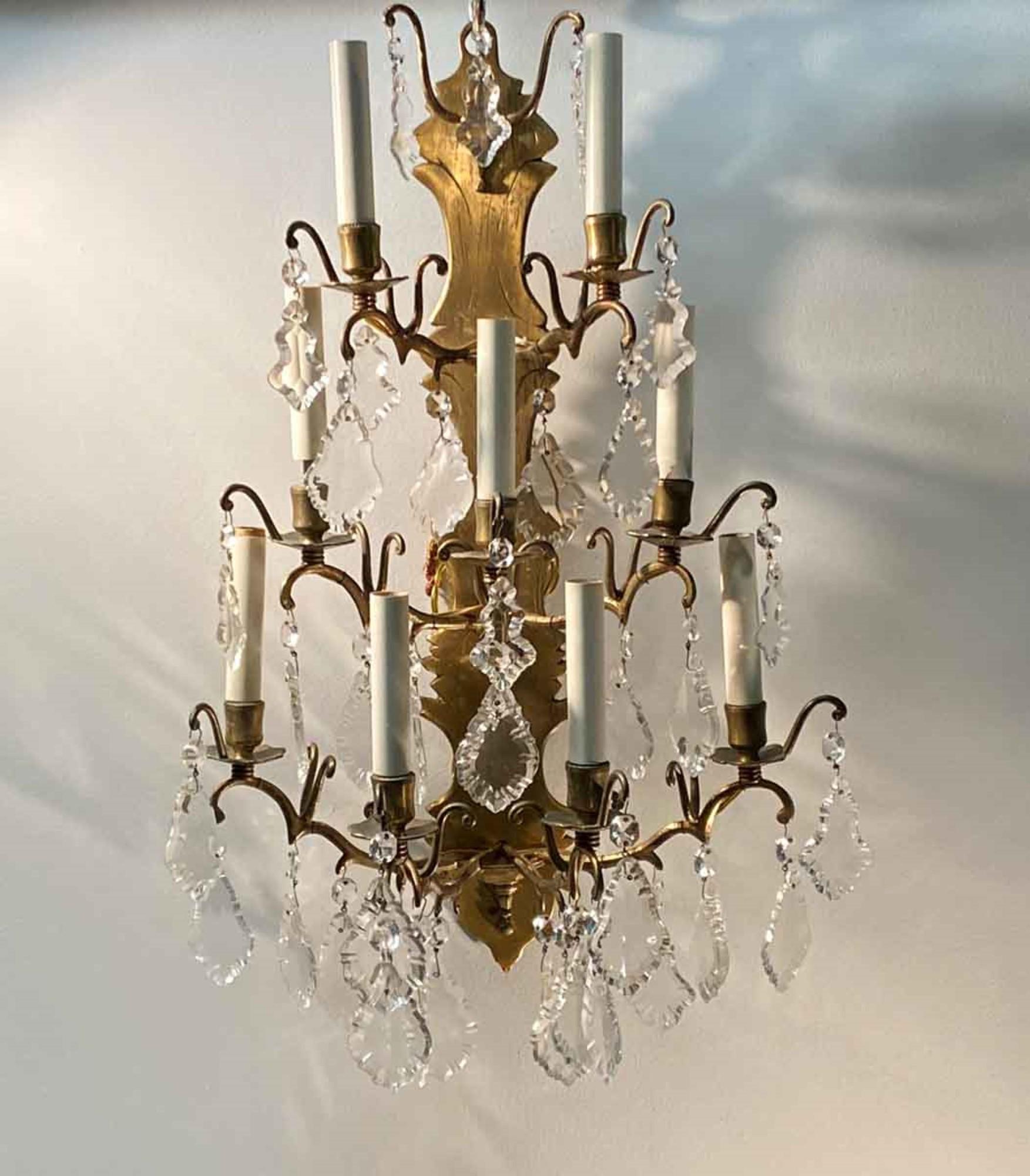 NY Plaza Hotel French Brass Crystal Sconce 9 Arms Quantity Available 2