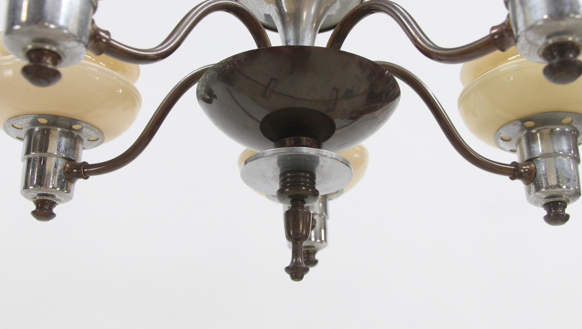 Mid-20th Century Nickel Art Deco 5 Light Chandelier Custard Shades Brass Details For Sale