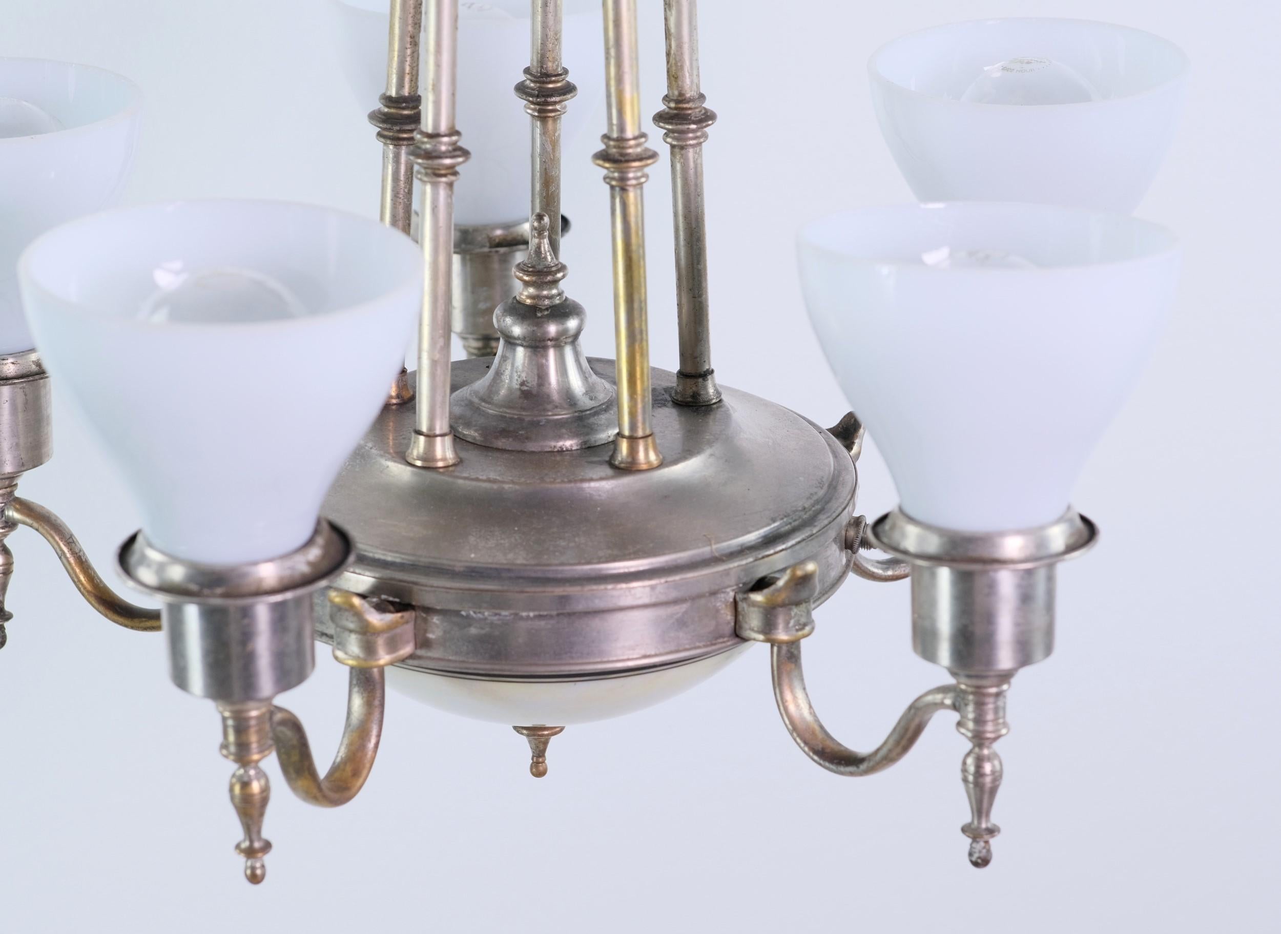 Brass 1930s Nickel-Plated 5-Arm Chandelier W/ Milk Glass Shades & Bottom Dish Light