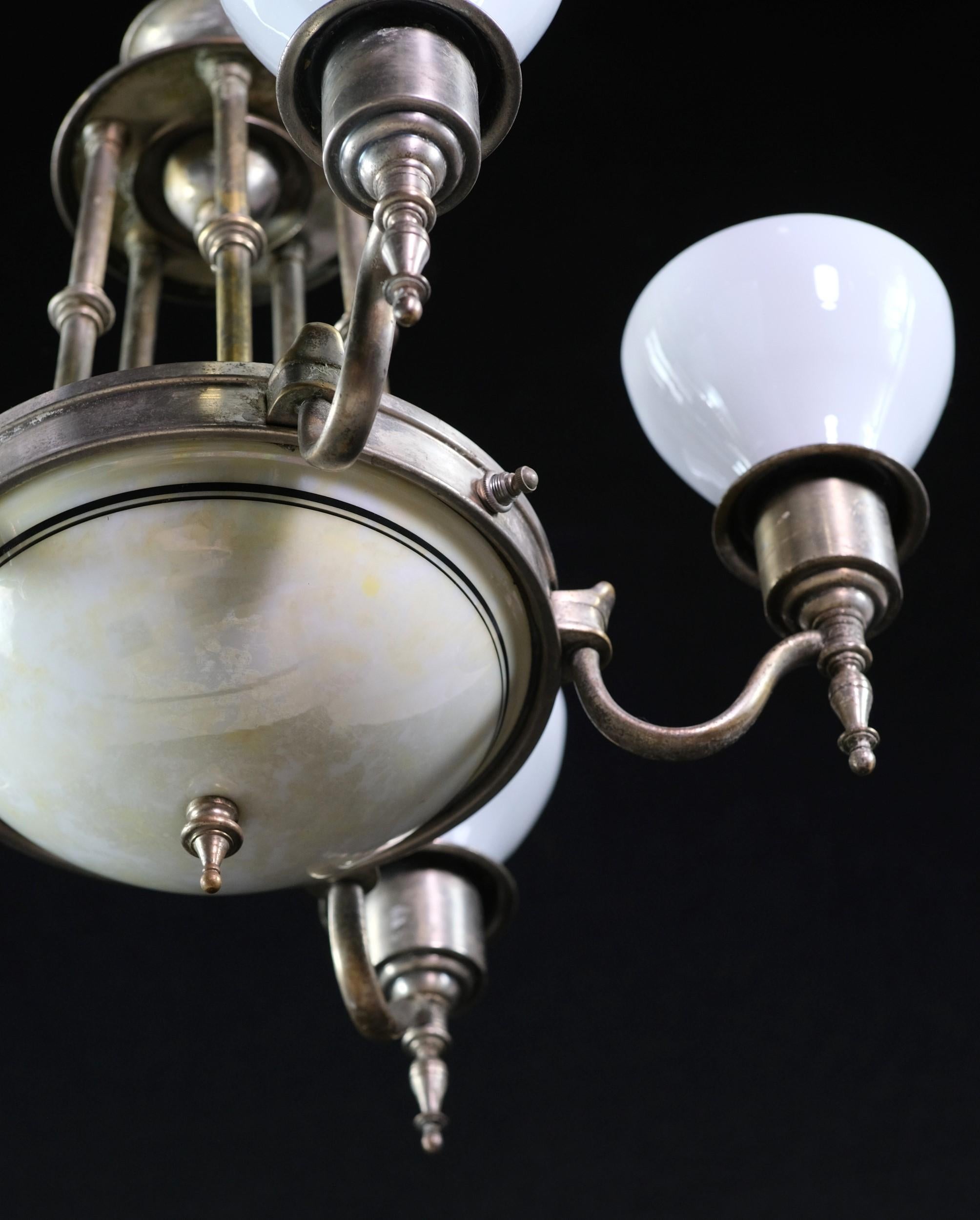 American Classical 1930s Nickel-Plated 5-Arm Chandelier W/ Milk Glass Shades & Bottom Dish Light