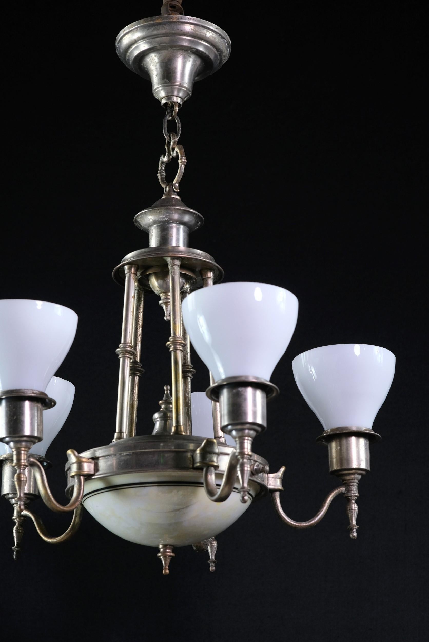 1930s Nickel-Plated 5-Arm Chandelier W/ Milk Glass Shades & Bottom Dish Light In Good Condition In New York, NY