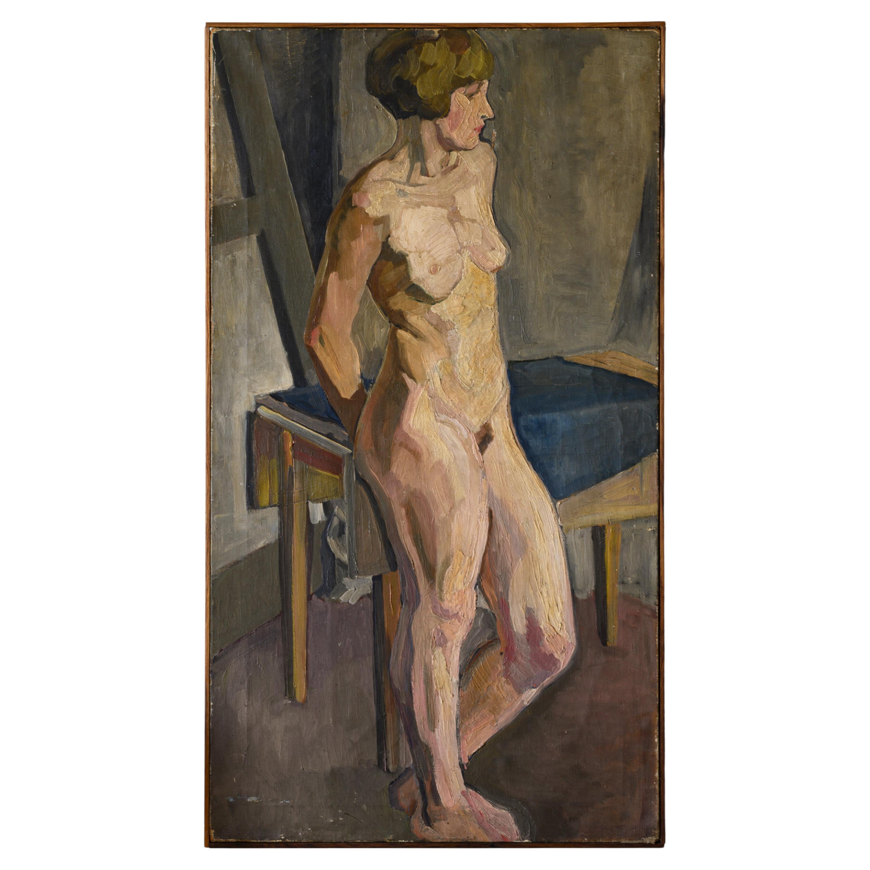 Huile sur toile nue des années 1930, étude d'une femme, non signée
