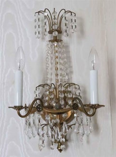 1930s NYC Waldorf Astoria Hotel Pair Swedish Art Deco Brass and Crystal Sconces