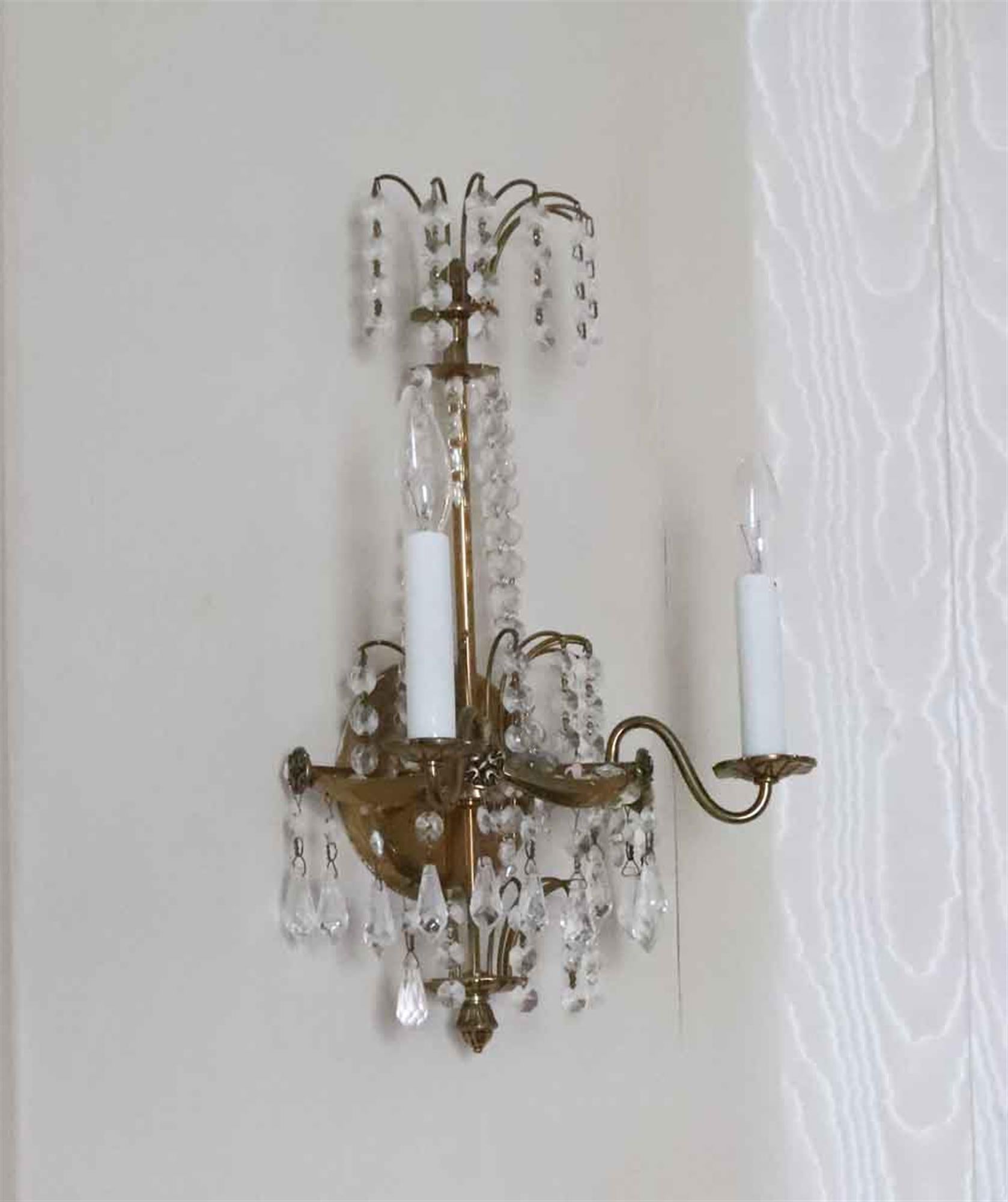 1930s NYC Waldorf Astoria Hotel Pair Swedish Art Deco Brass and Crystal Sconces 1