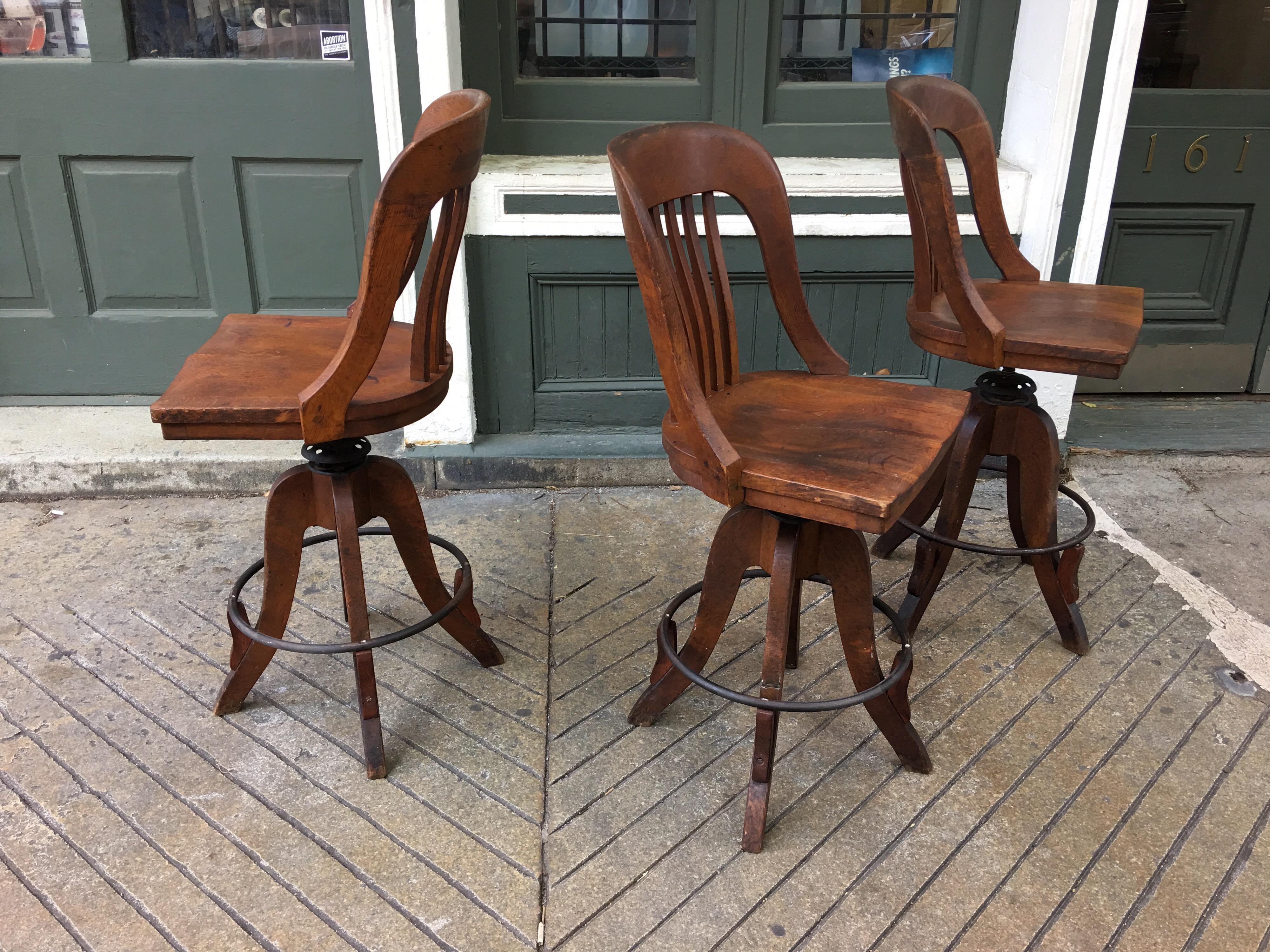 1930s Oak Drafting / Bar Stools, Set of 3 In Good Condition In Philadelphia, PA