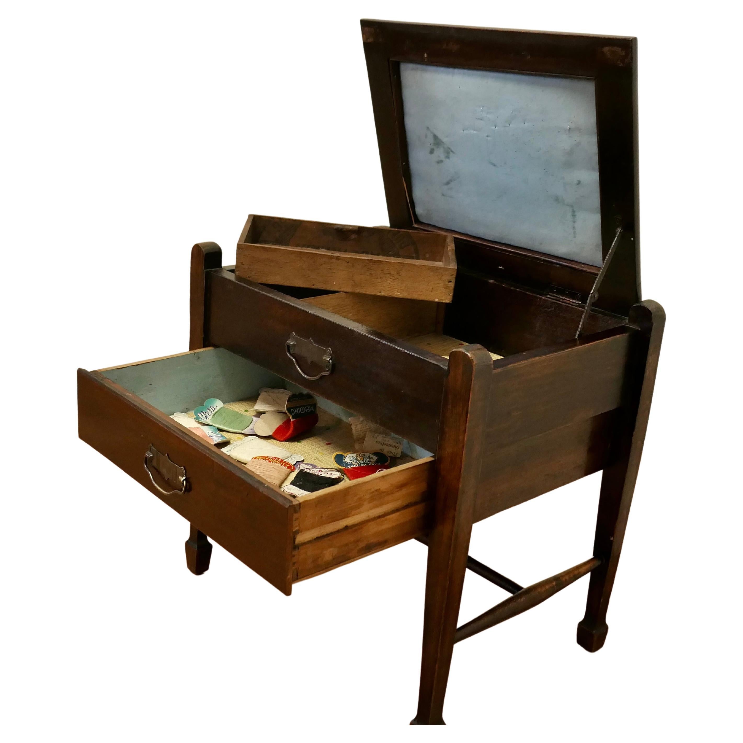 1930s Oak Sewing Box Table with Drawer