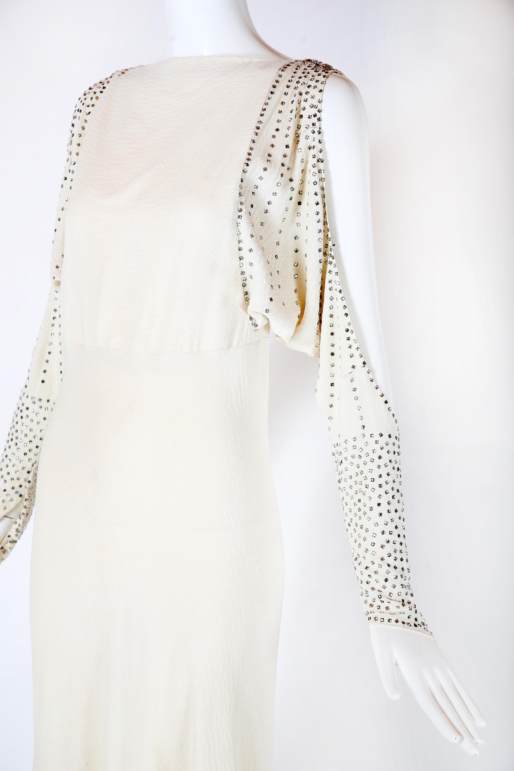 Women's 1930's Off-White Bias Cut Silk Goddess Gown Studded w/Rhinestones & Cutouts