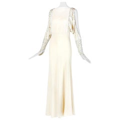 1930's Off-White Bias Cut Silk Goddess Gown Studded w/Rhinestones & Cutouts