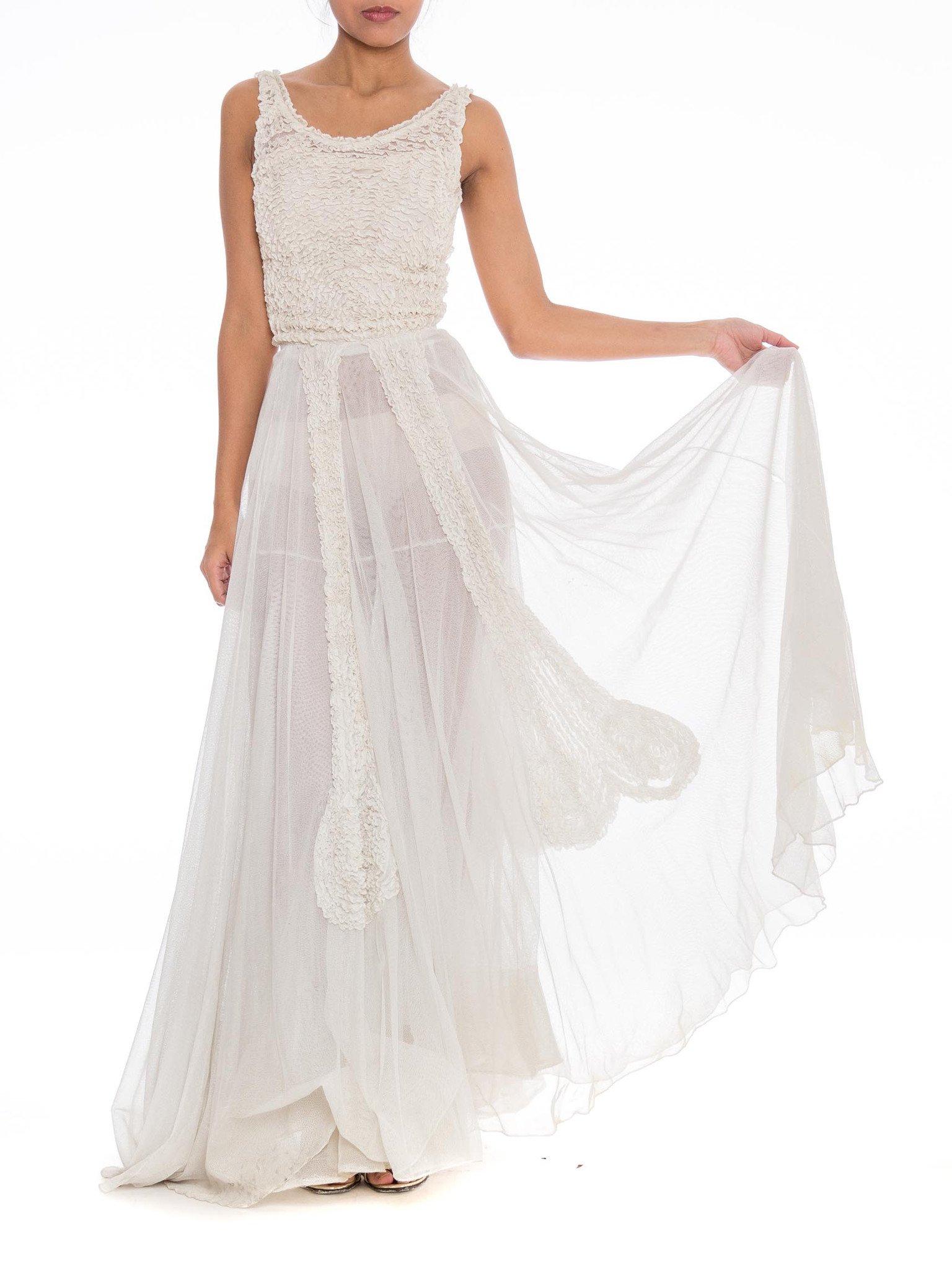 1930S Off White Rayon & Cotton Net Gown With Massive Double Layered Skirt In Excellent Condition For Sale In New York, NY