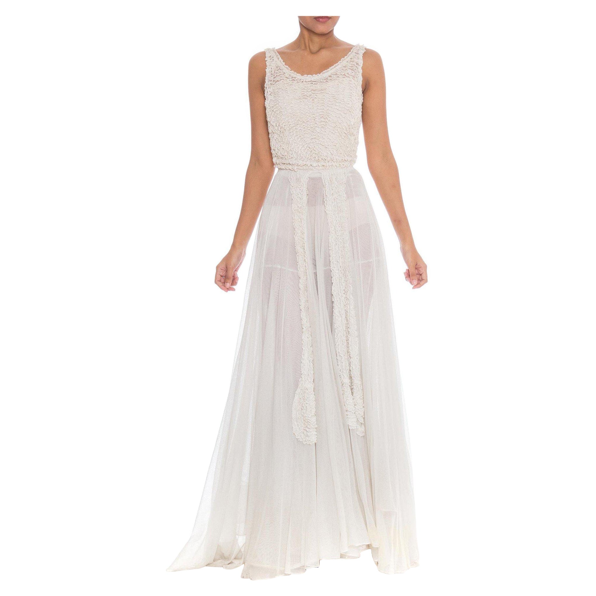 1930S Off White Rayon & Cotton Net Gown With Massive Double Layered Skirt For Sale