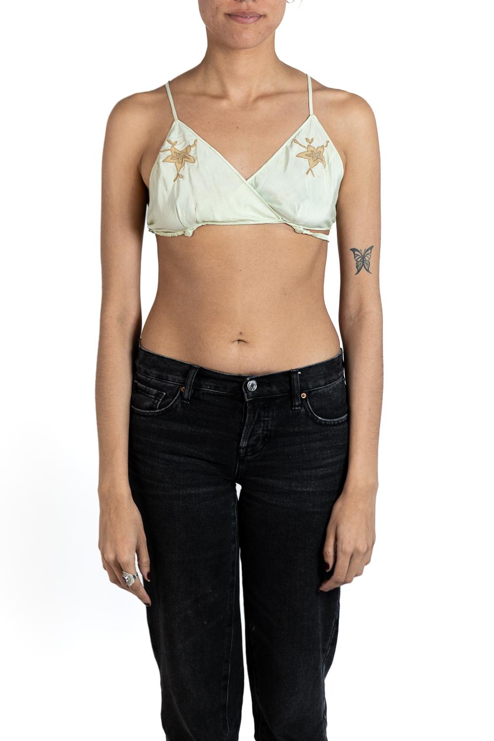 1930S Off White With Brown Embroidered Flowers Silk Bra In Excellent Condition For Sale In New York, NY