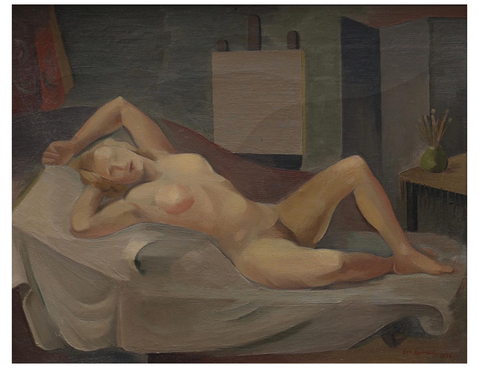 Auffälliges Ölgemälde auf Leinwand aus den 1930er Jahren, das in gedämpften Tönen einen reitenden weiblichen Akt in einem Künstleratelier auf einer Liege liegend zeigt.
einfach gerahmt aus der Zeit und signiert vom finnischen Künstler