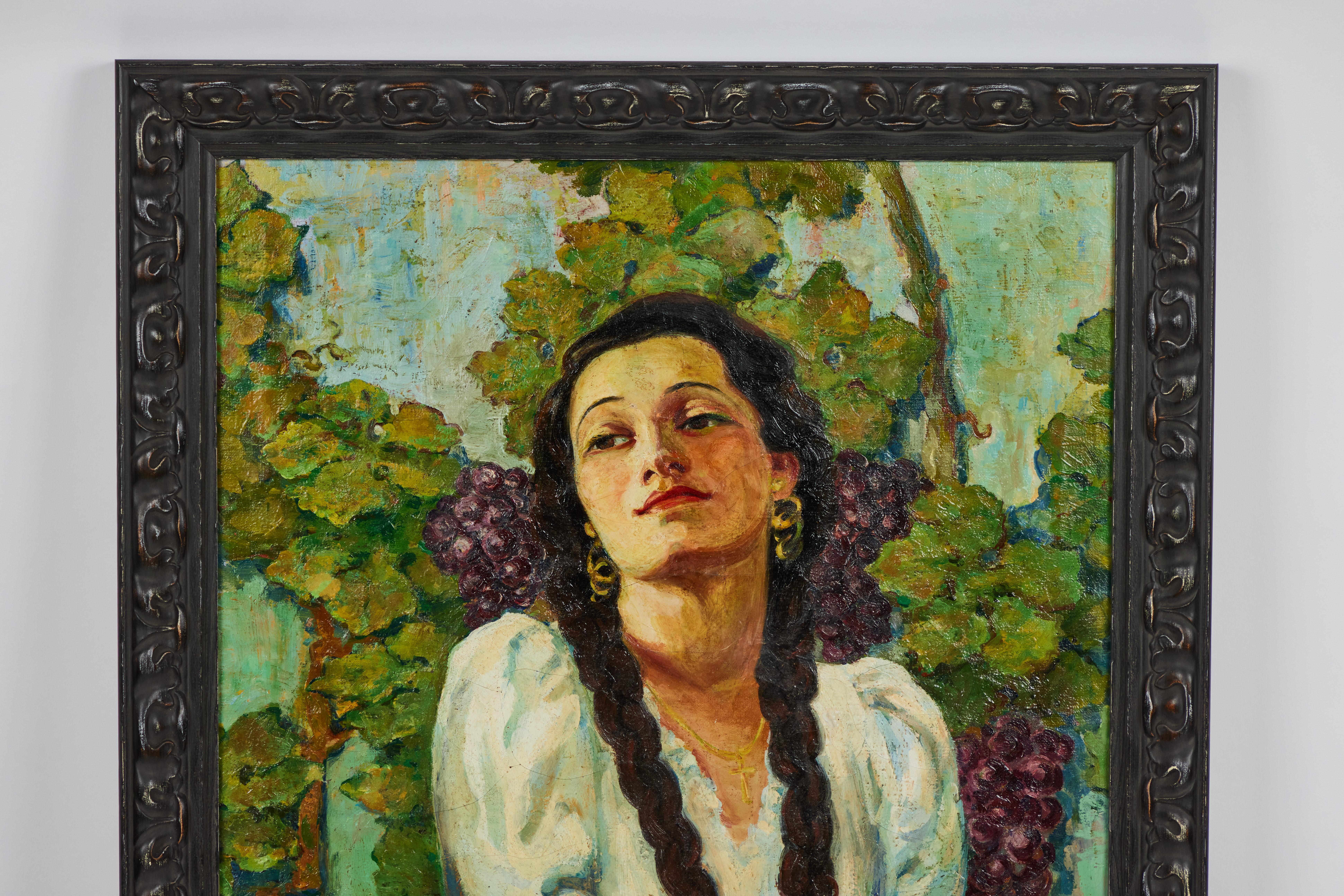Peinture à l'huile des années 1930 représentant une femme avec des tresses devant des vignes. Signé par l'artiste.

La peinture a été nettoyée, a fait l'objet de réparations mineures et est encadrée depuis peu.
