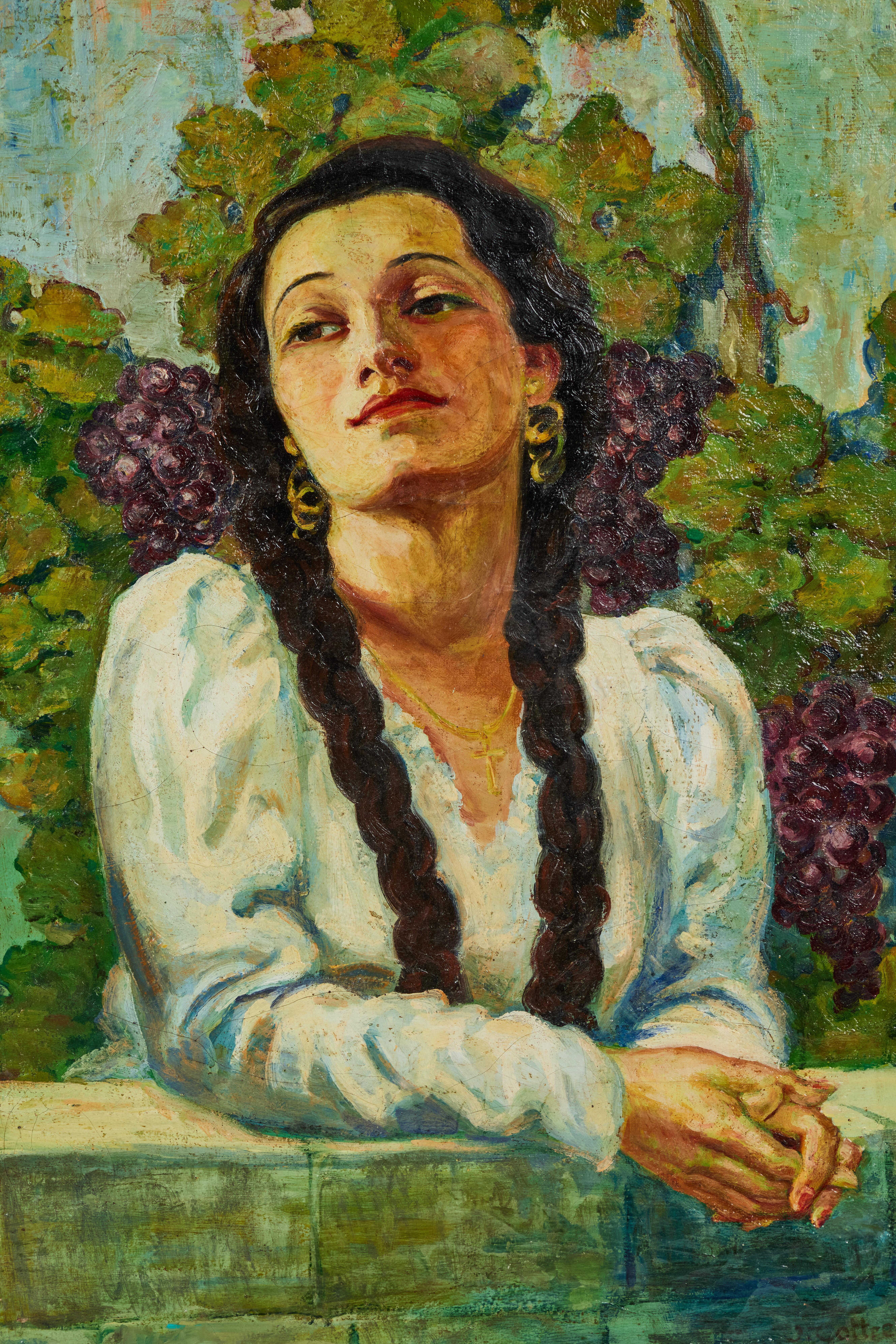 Milieu du XXe siècle Peinture à l'huile des années 1930 d'une femme avec des baignets devant des vignes