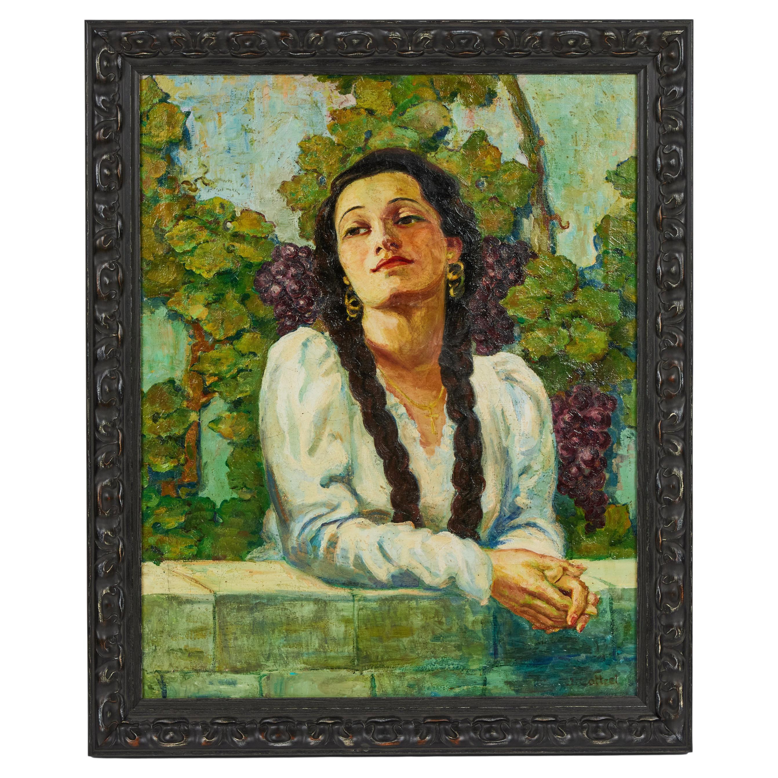 Peinture à l'huile des années 1930 d'une femme avec des baignets devant des vignes