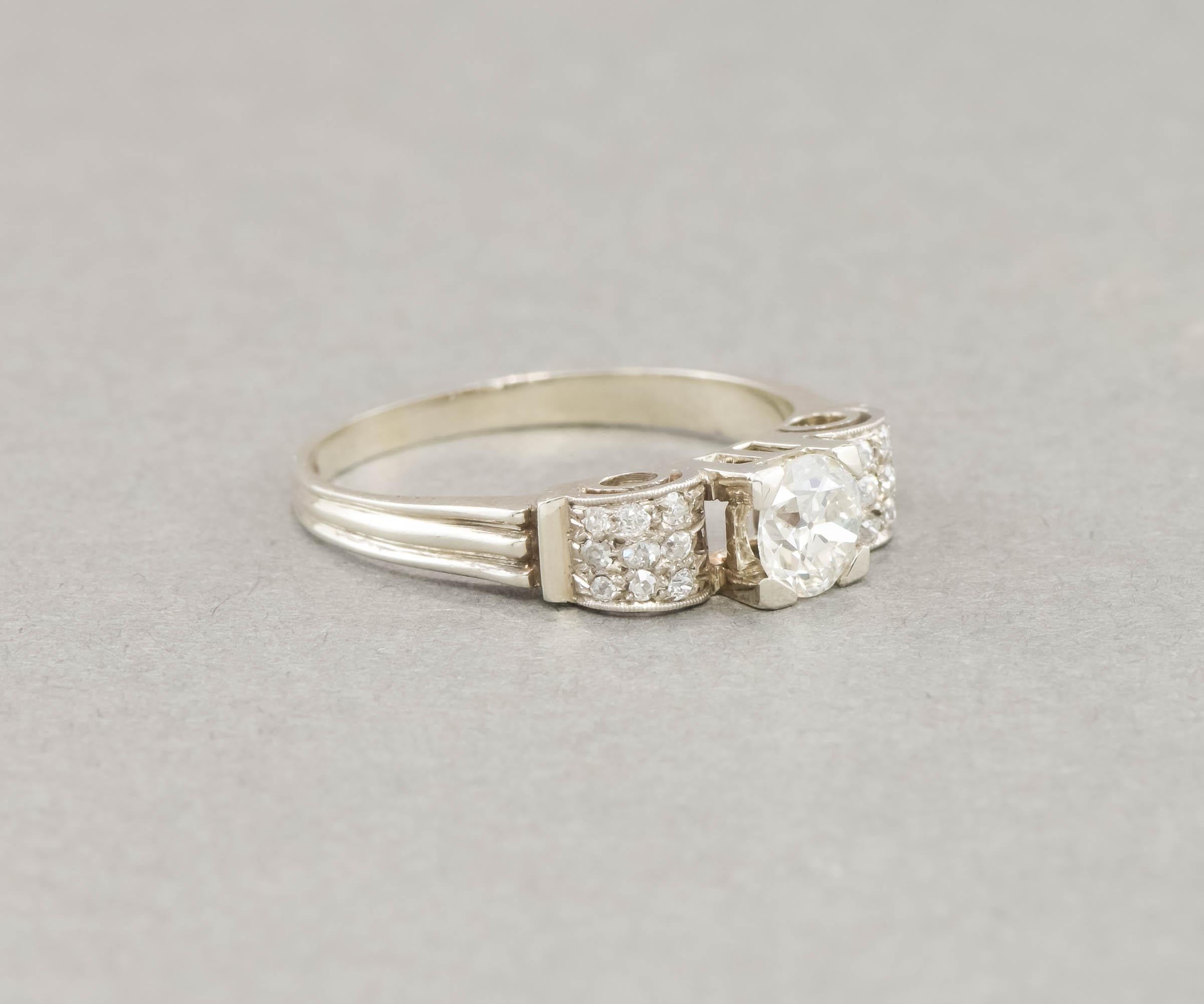 1930's Old European Cut Diamond Engagement Ring in White Gold For Sale 1