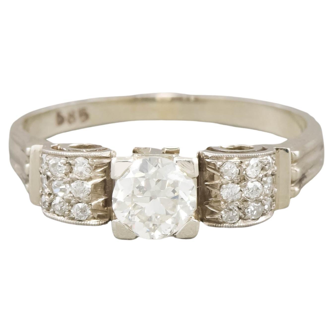 1930's Old European Cut Diamond Engagement Ring in White Gold For Sale