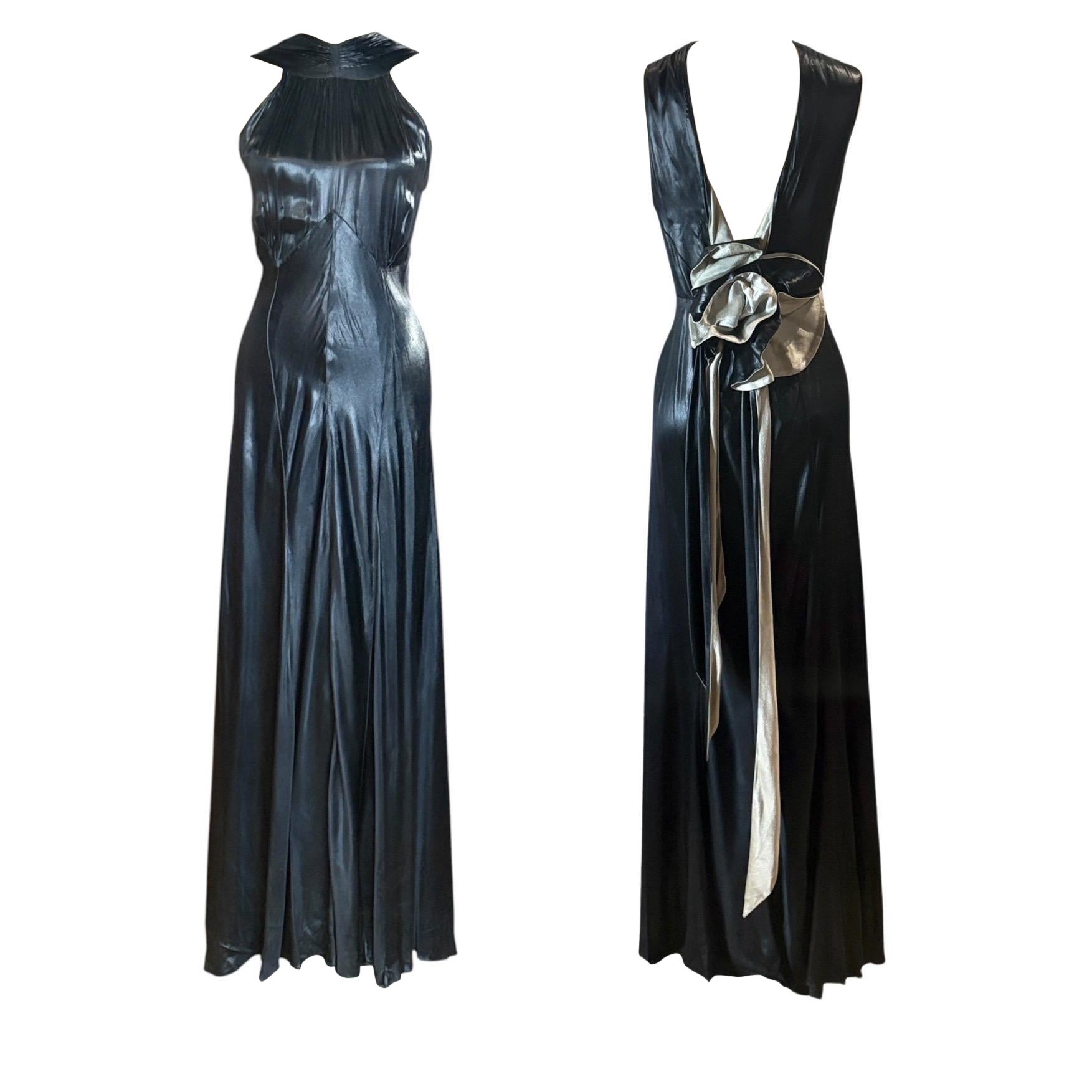 Robe décontractée à coupe biaise en satin de soie liquide noir, 1930's Old Hollywood
