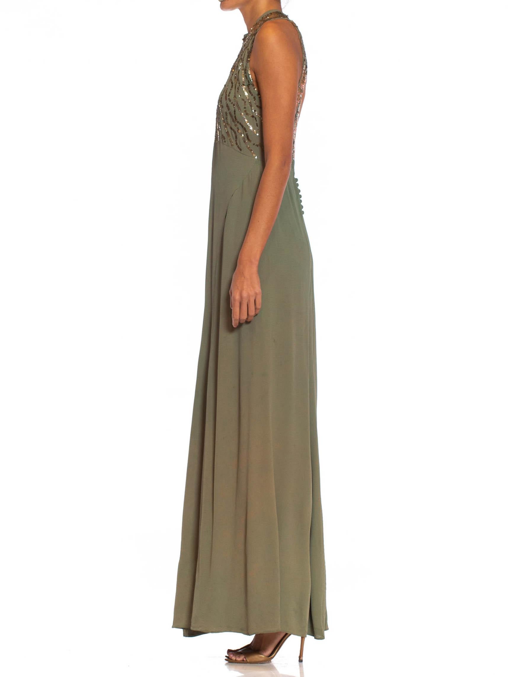 Gray 1930S Olive Green Bias Cut Rayon Blend Crepe Silver Sequined Gown
