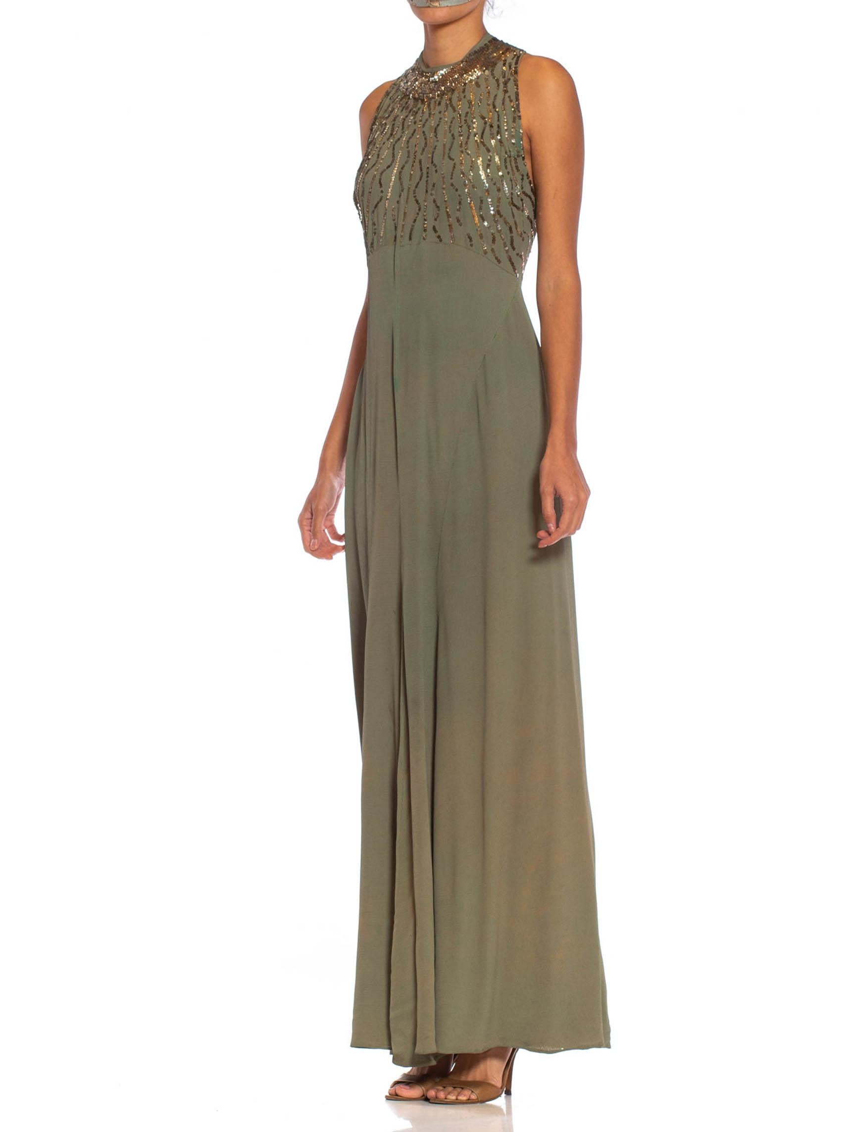 1930S Olive Green Bias Cut Rayon Blend Crepe Silver Sequined Gown In Excellent Condition In New York, NY