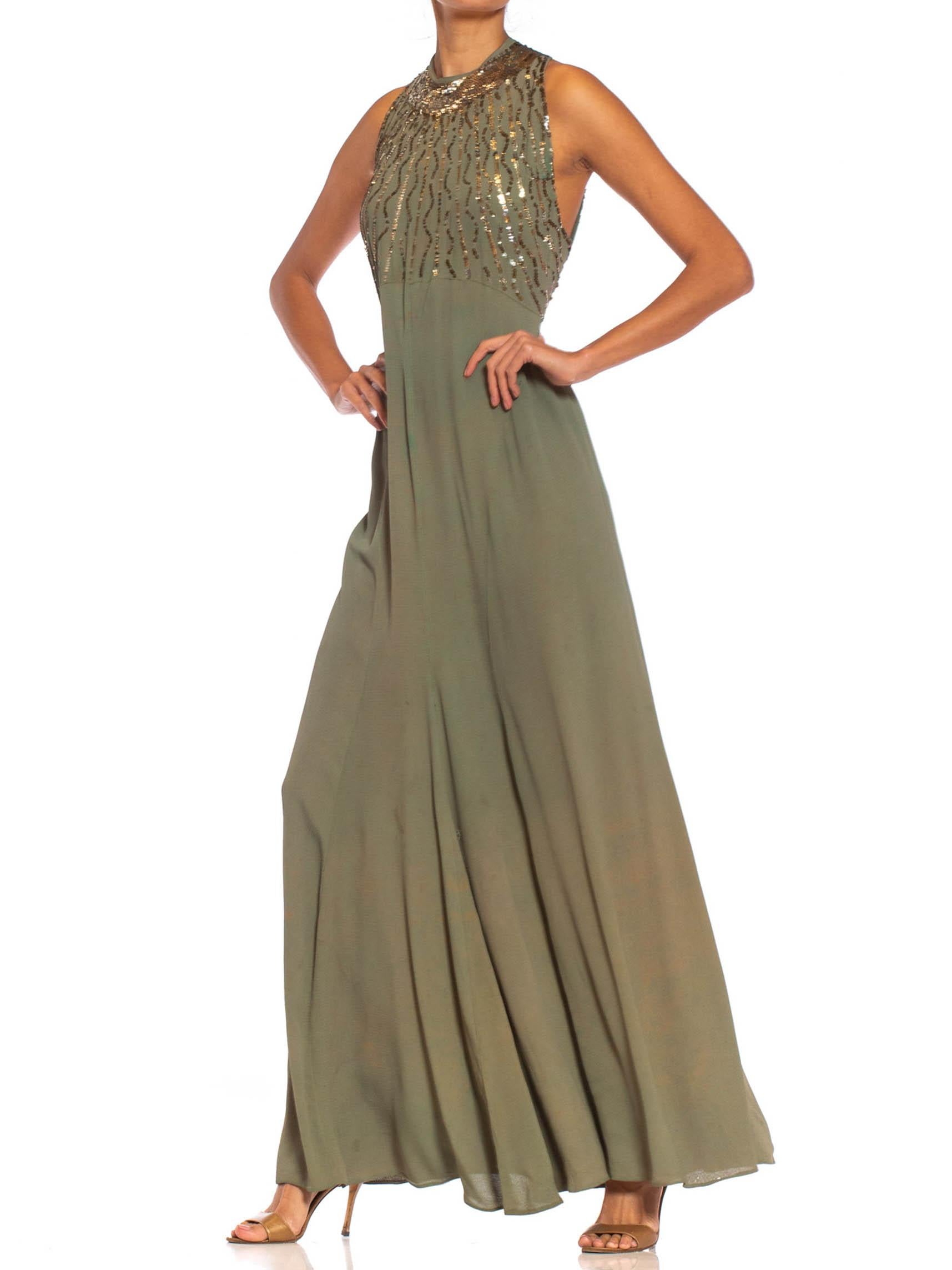 Women's 1930S Olive Green Bias Cut Rayon Blend Crepe Silver Sequined Gown