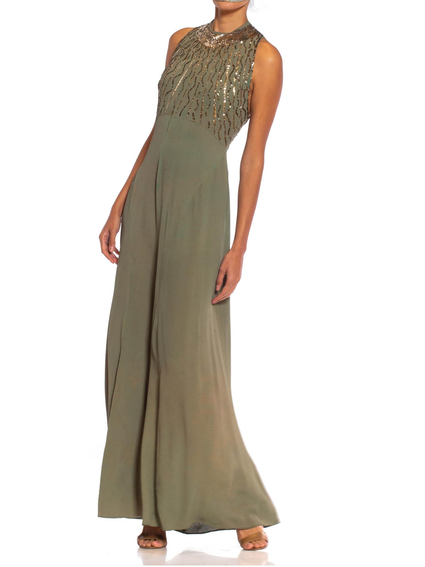 1930S Olive Green Bias Cut Rayon Blend Crepe Silver Sequined Gown 1
