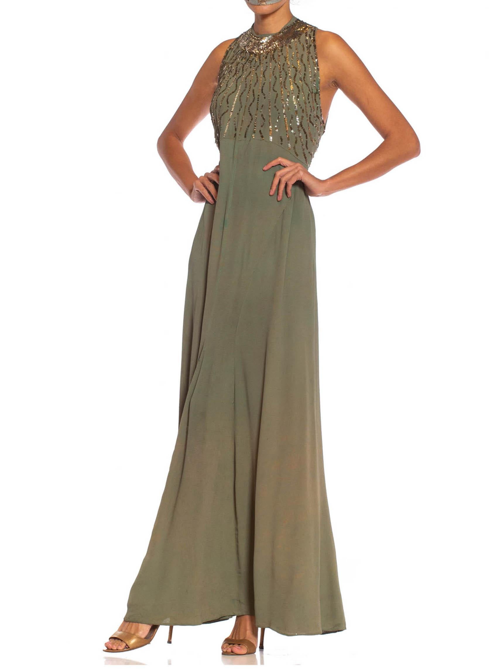 1930S Olive Green Bias Cut Rayon Blend Crepe Silver Sequined Gown 2