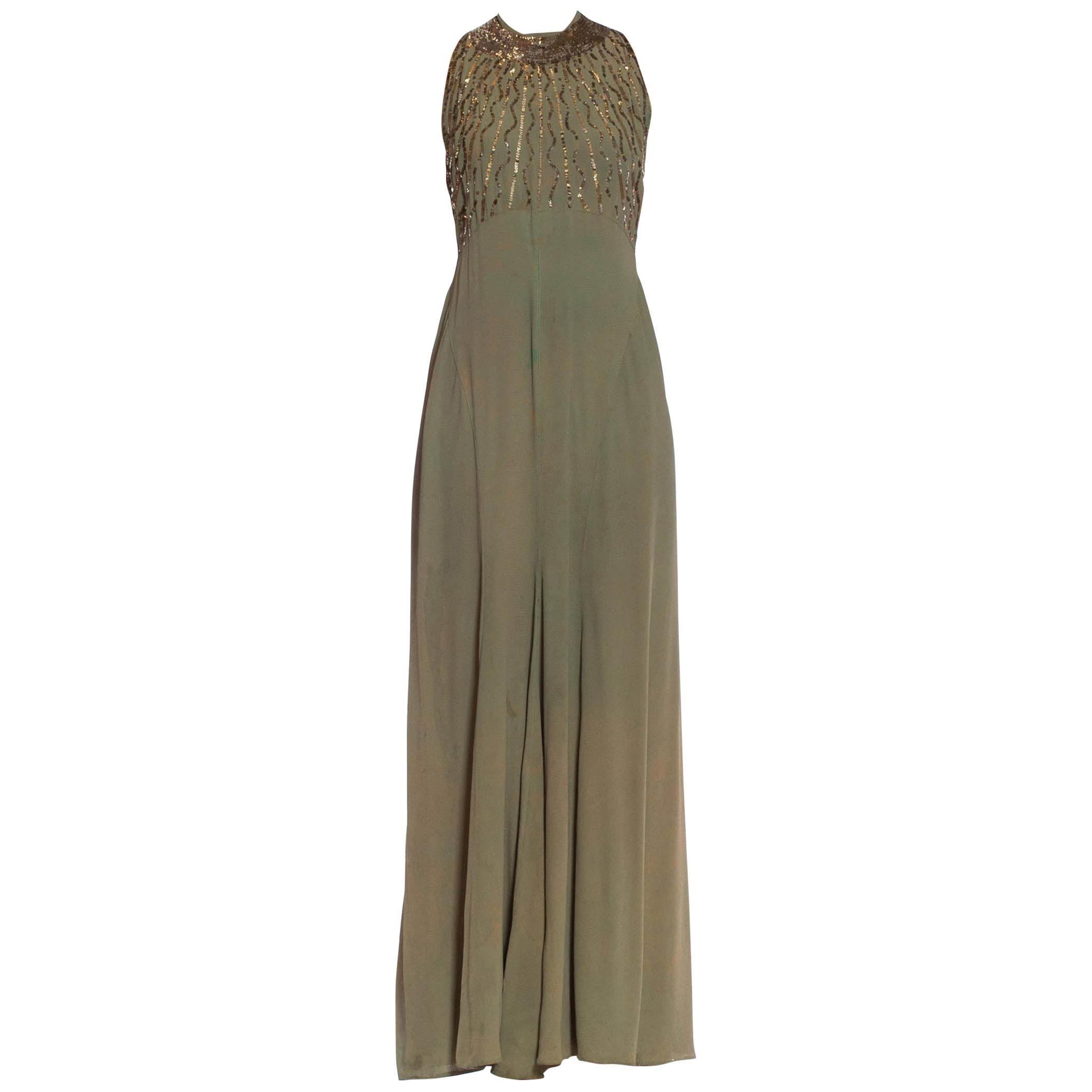 1930S Olive Green Bias Cut Rayon Blend Crepe Silver Sequined Gown at ...