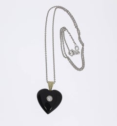 1930s Onyx and Diamond Heart Pendant with Chain